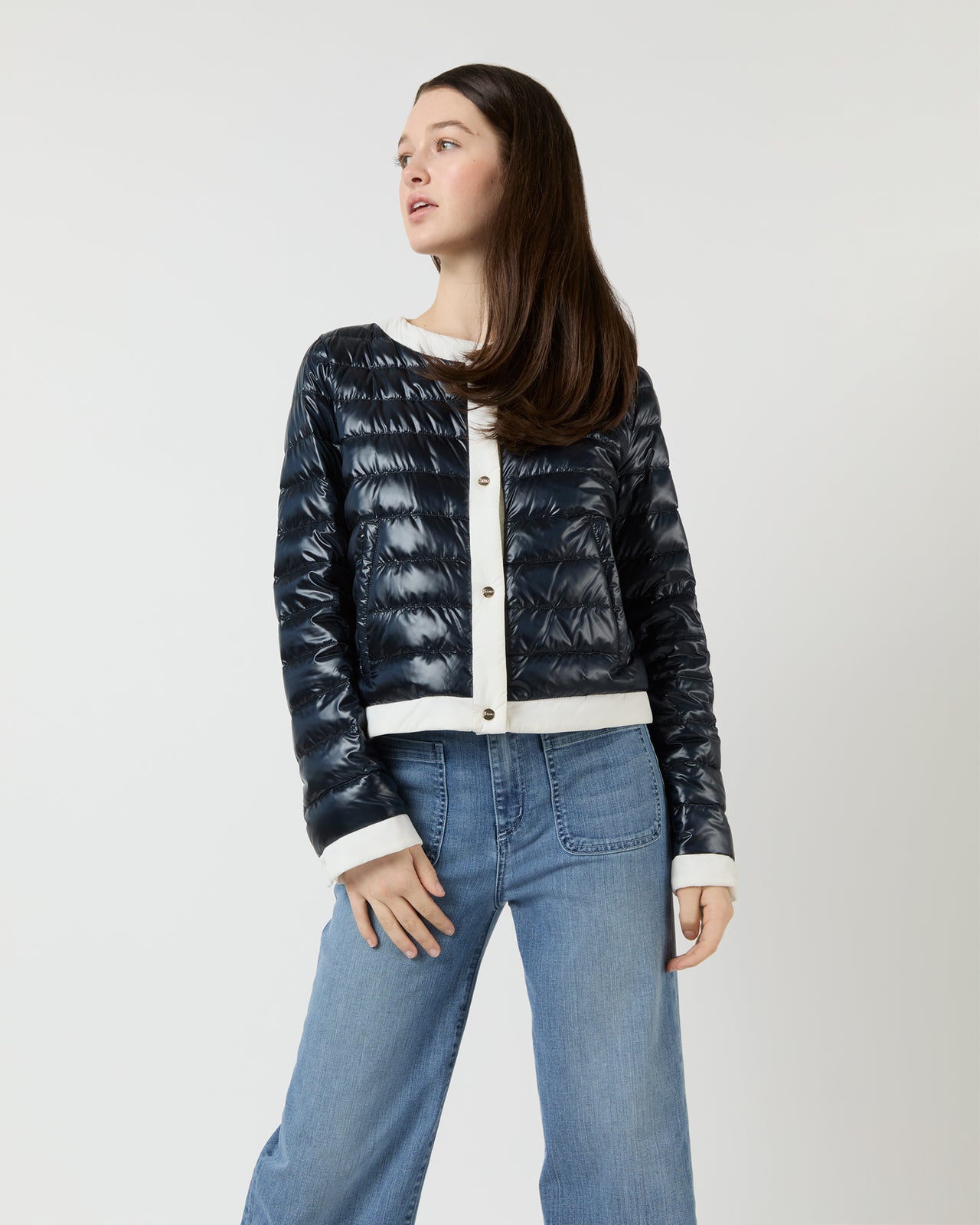 Short Jacket with Matte Trim in Navy