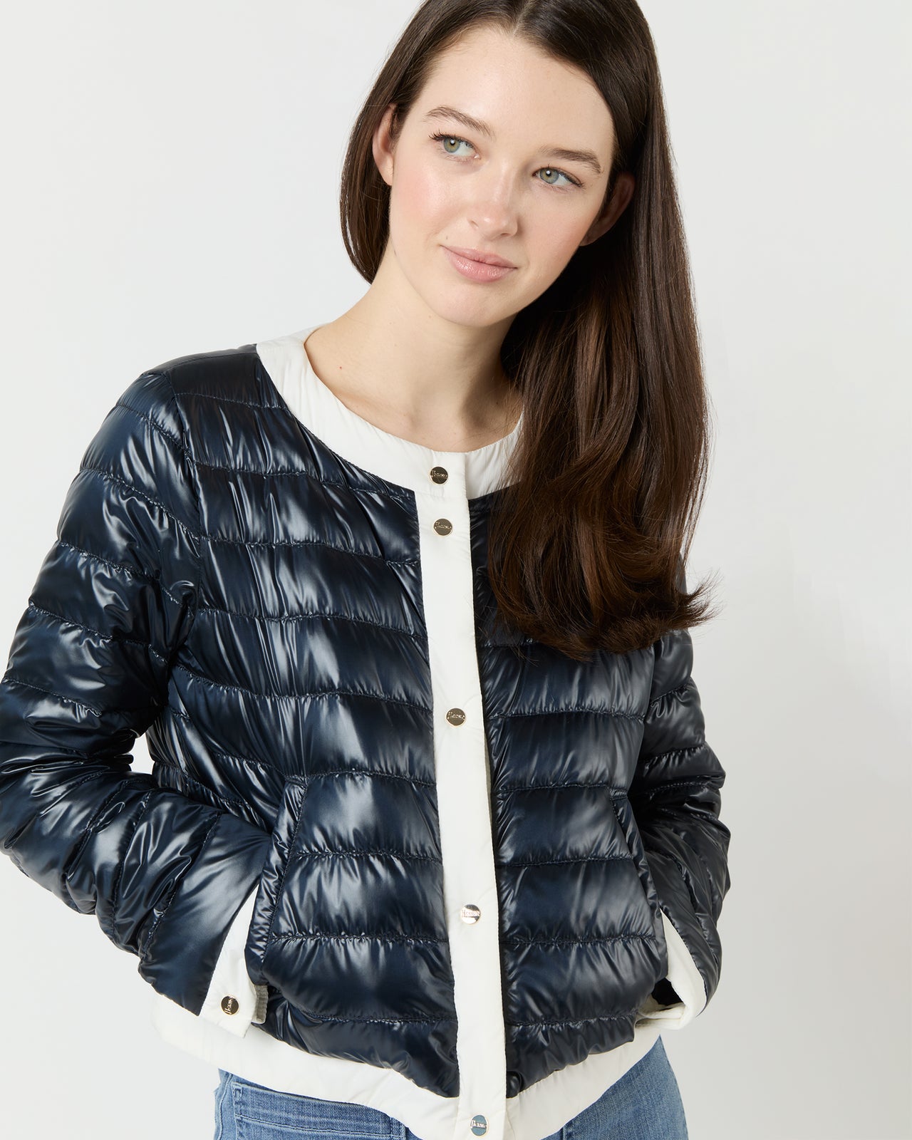 Short Jacket with Matte Trim in Navy