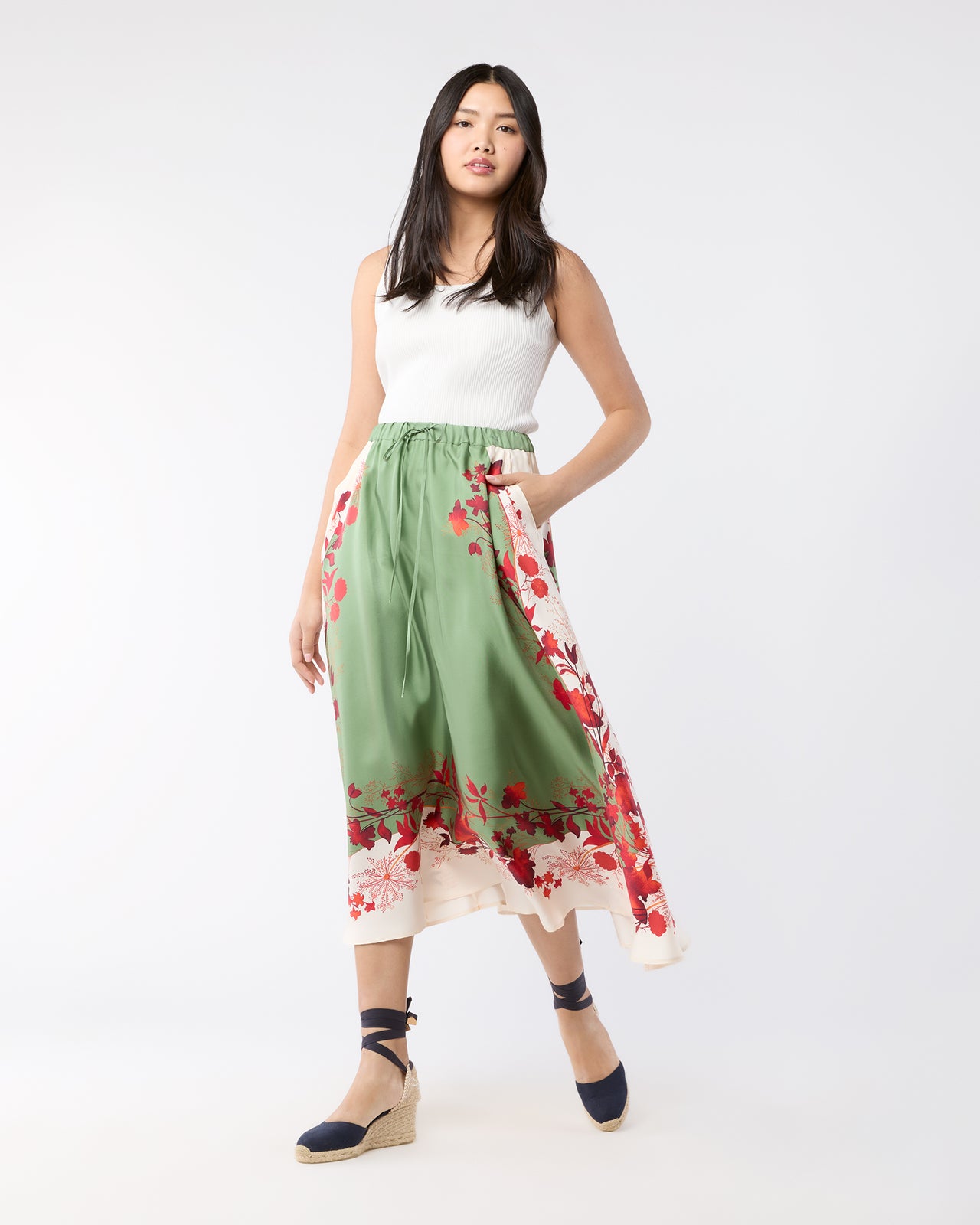 Drawstring Skirt in Woodland Placée Camouflage Silk Twill