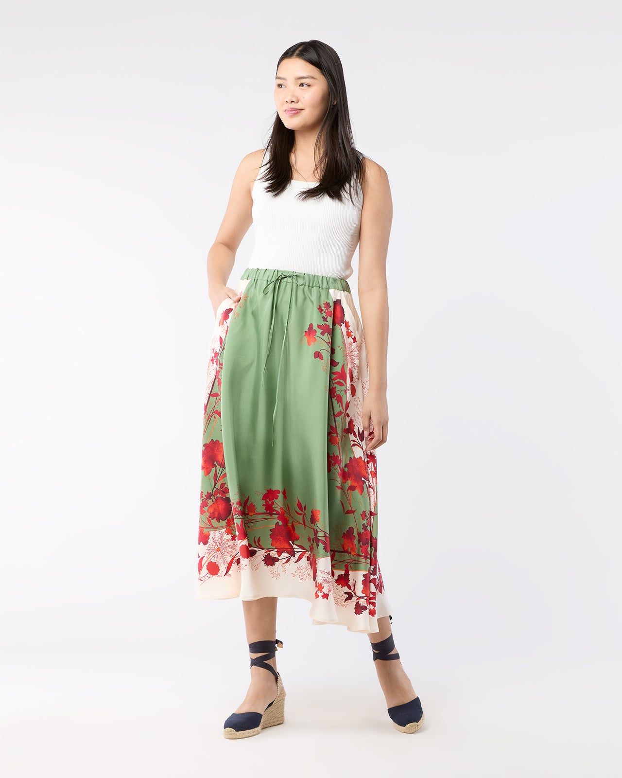 Drawstring Skirt in Woodland Placée Camouflage Silk Twill
