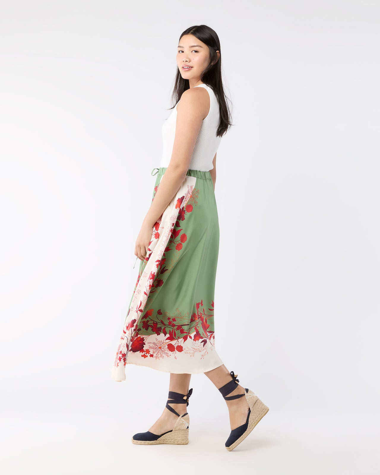 Drawstring Skirt in Woodland Placée Camouflage Silk Twill