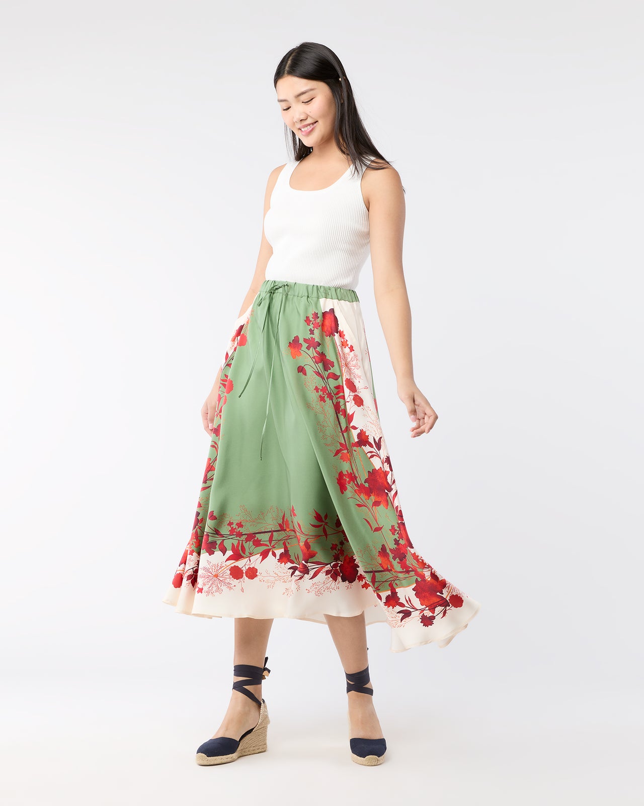 Drawstring Skirt in Woodland Placée Camouflage Silk Twill