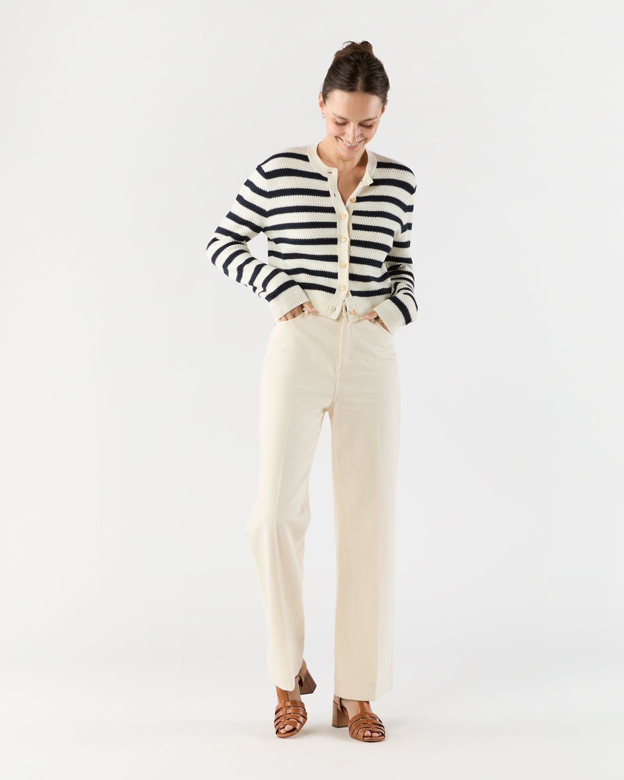 Manon Cardigan in Ecru/Dark Navy