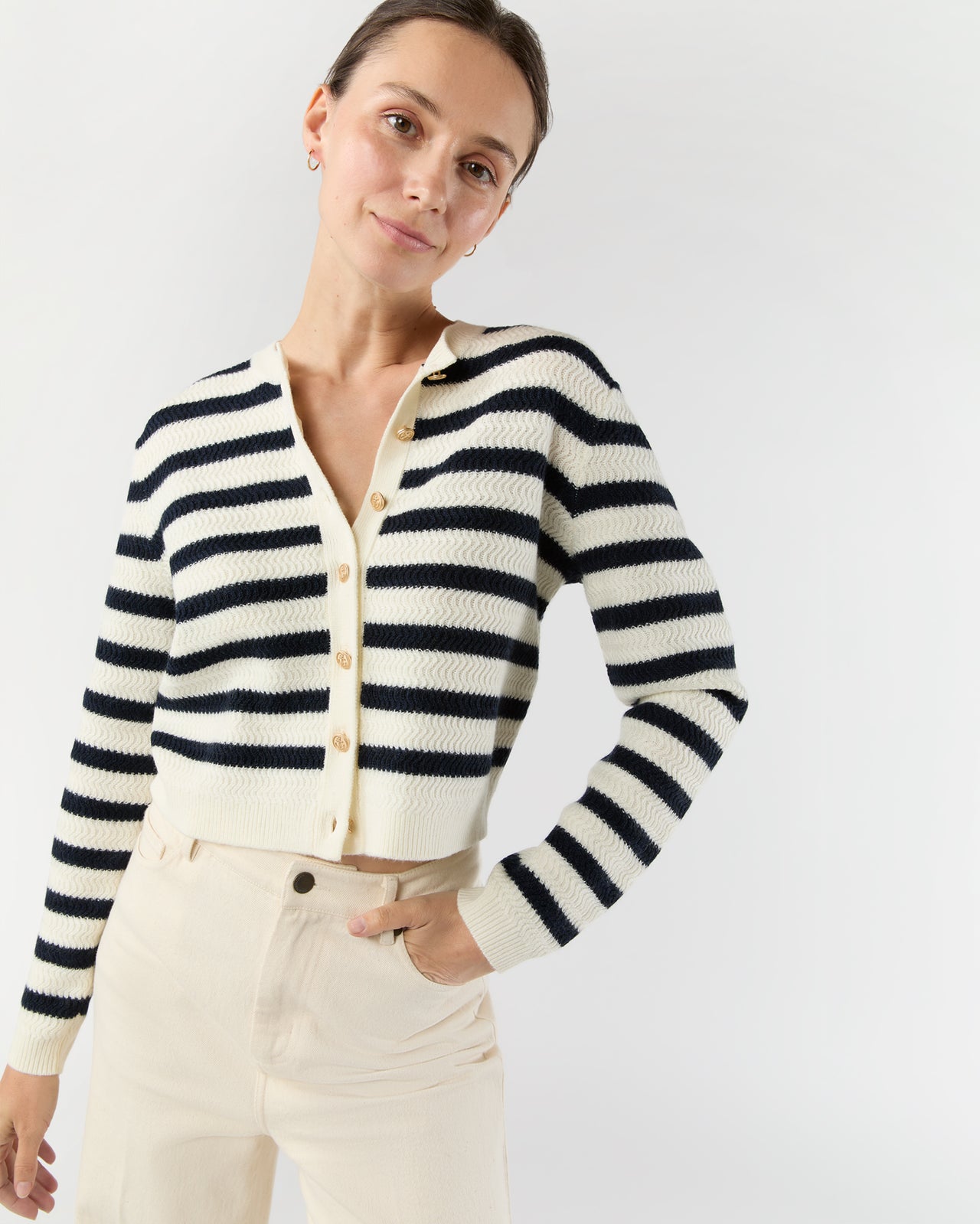 Manon Cardigan in Ecru/Dark Navy