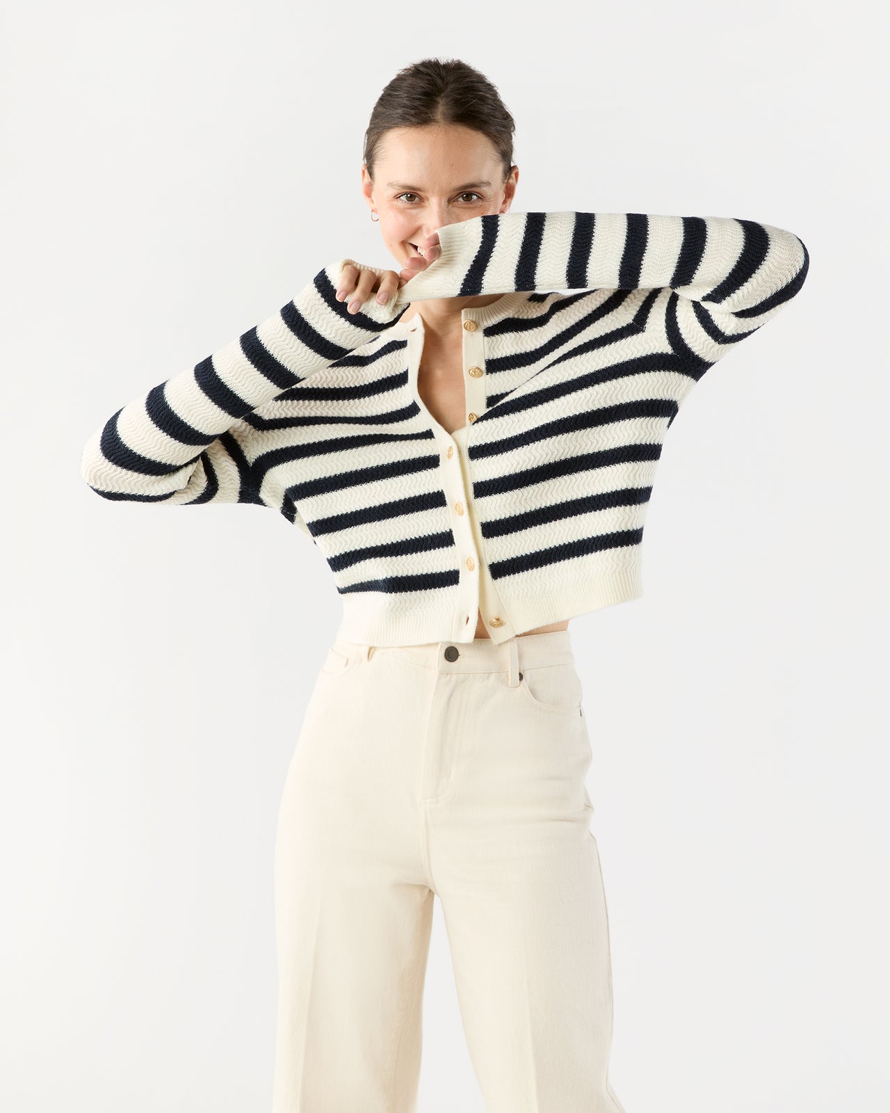 Manon Cardigan in Ecru/Dark Navy