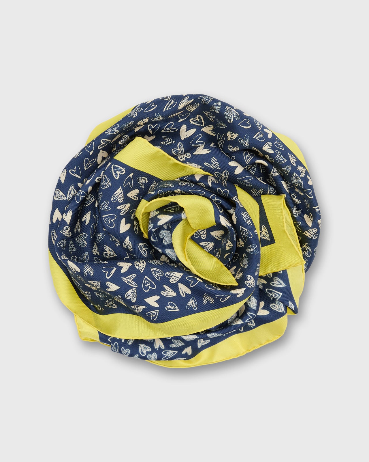 Medium Hand-Rolled Silk Scarf in Blue/Yellow Hearts
