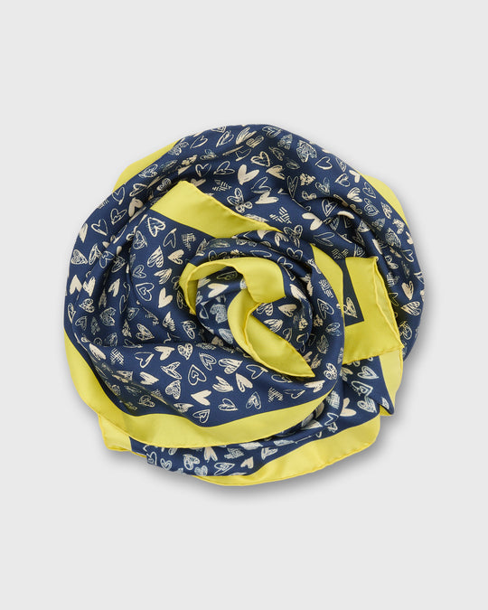 Medium Hand-Rolled Silk Scarf in Blue/Yellow Hearts