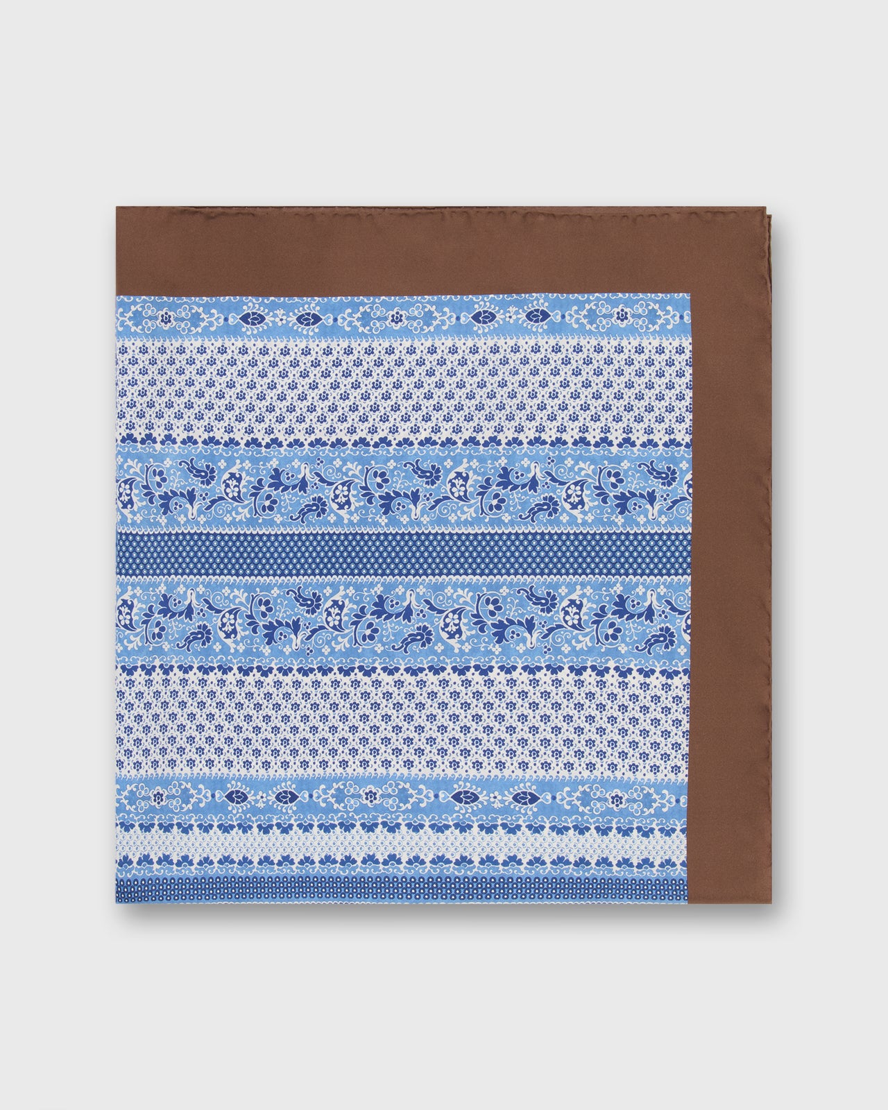 Large Hand-Rolled Silk Scarf in Blue/Brown Paisley Stripe