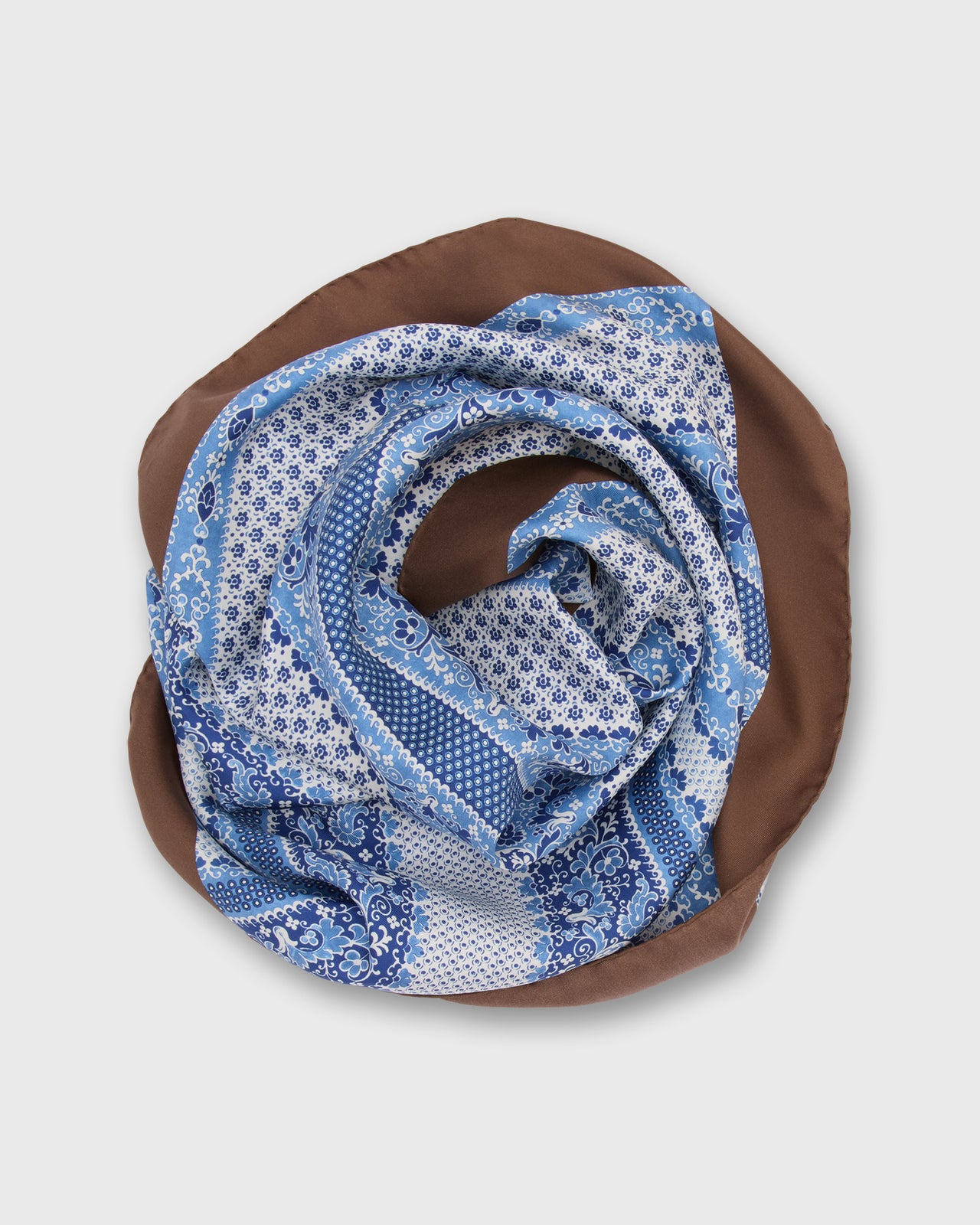 Large Hand-Rolled Silk Scarf in Blue/Brown Paisley Stripe