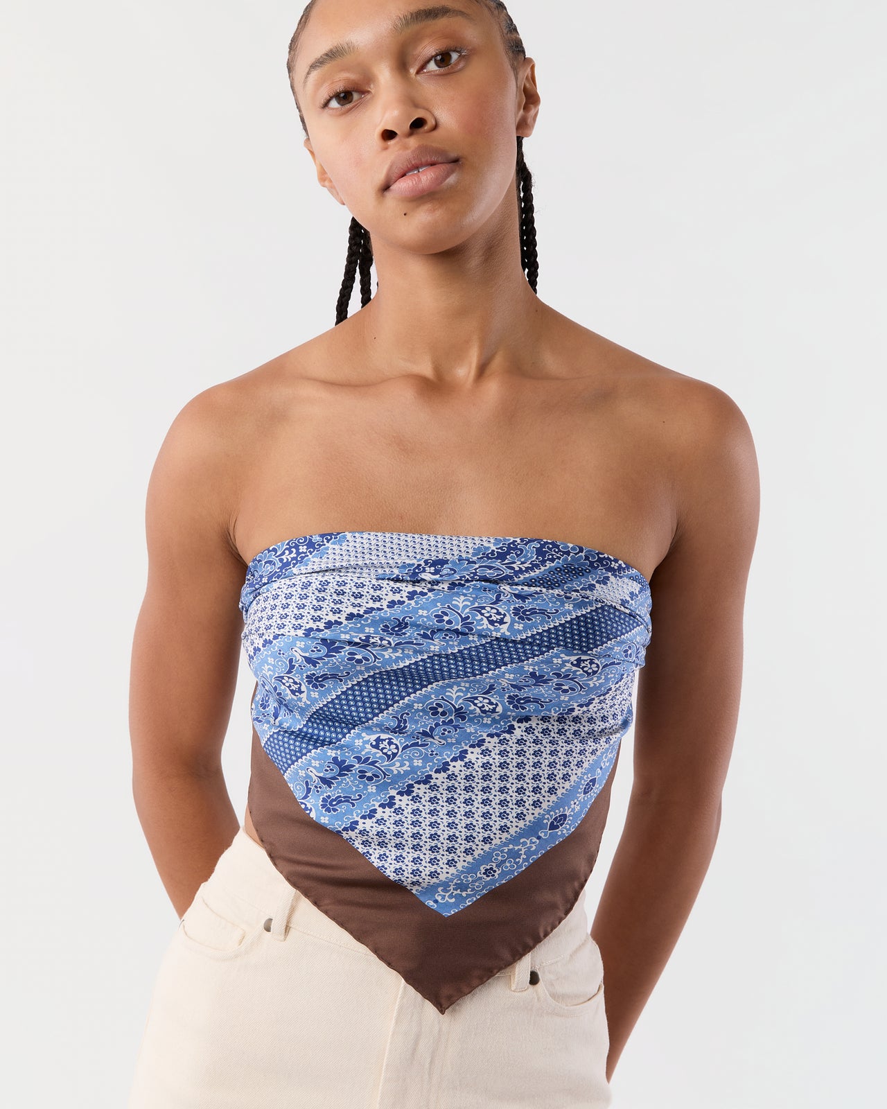 Large Hand-Rolled Silk Scarf in Blue/Brown Paisley Stripe