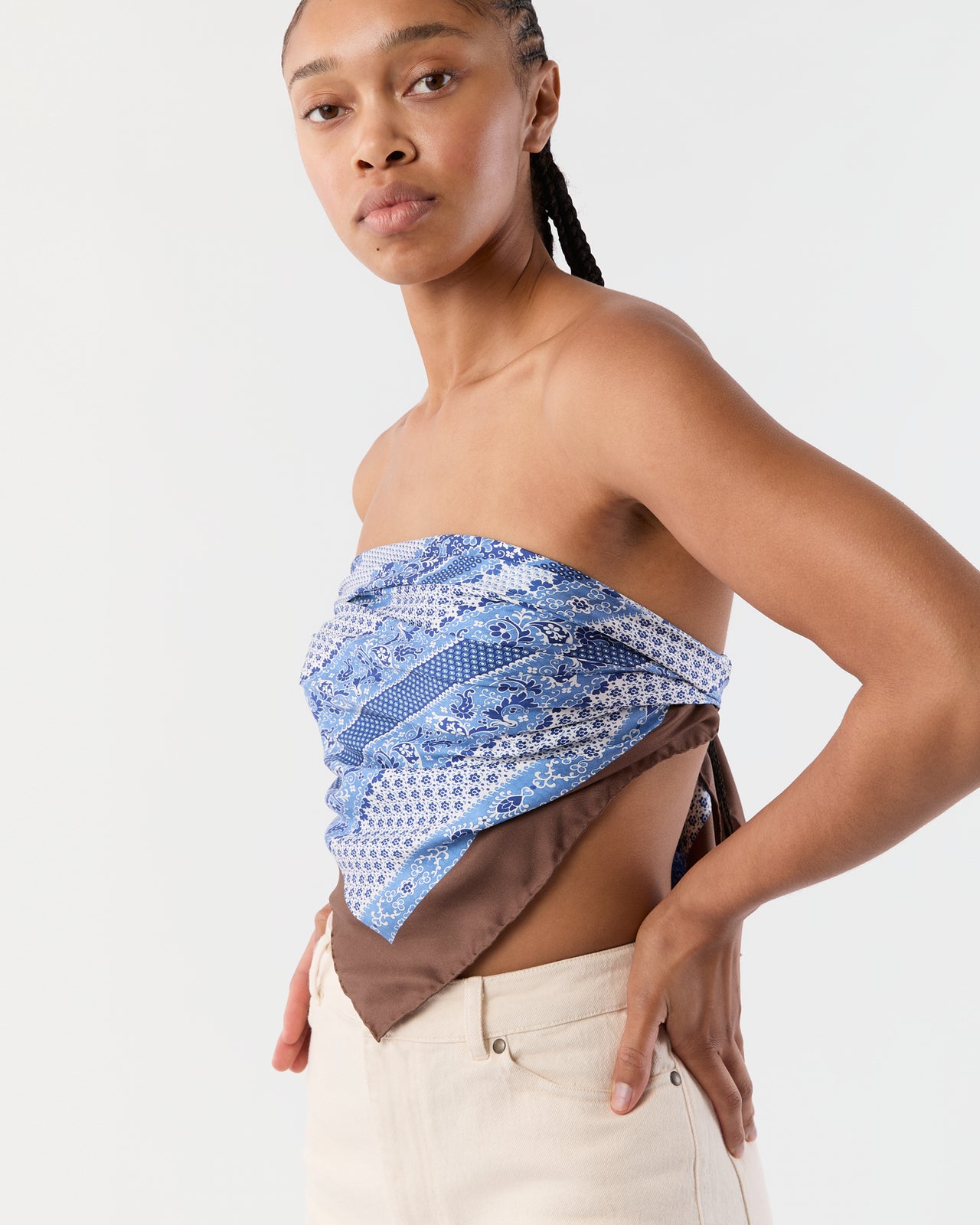 Large Hand-Rolled Silk Scarf in Blue/Brown Paisley Stripe