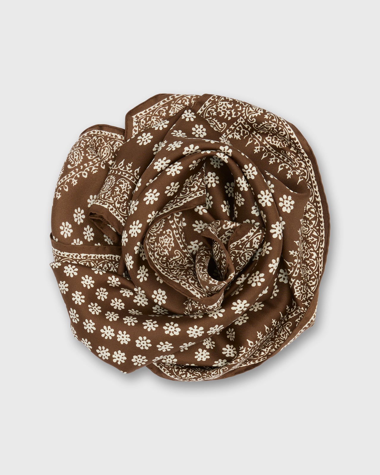 Medium Hand-Rolled Silk Scarf in Brown/Ivory Floral Bandana