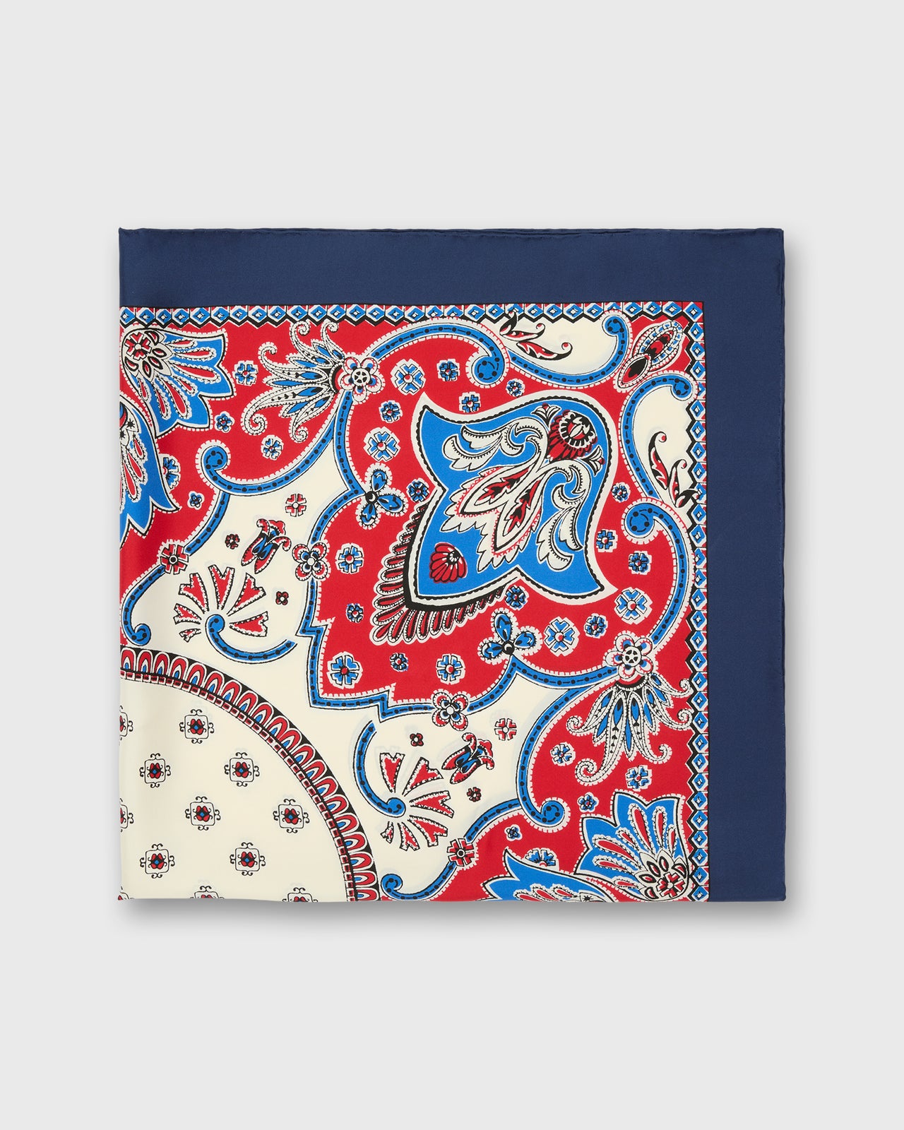 Large Hand-Rolled Silk Scarf in Blue/Red/Ivory Paisley
