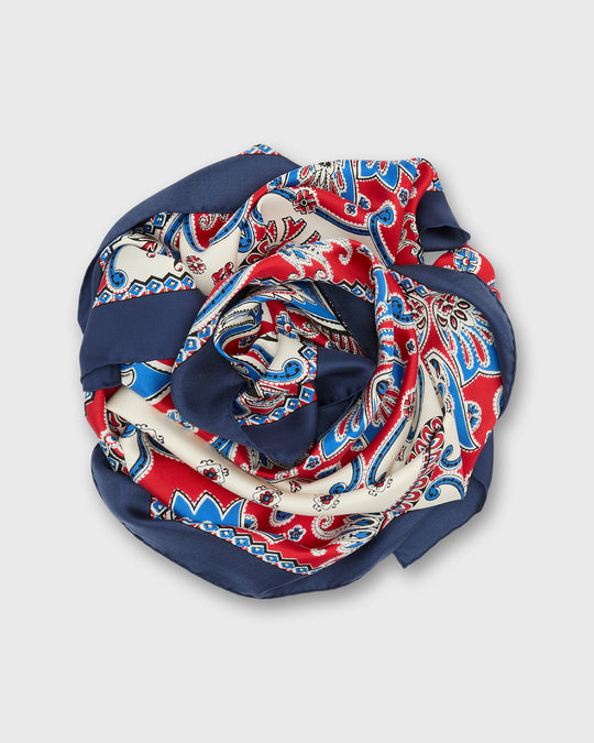 Large Hand-Rolled Silk Scarf in Blue/Red/Ivory Paisley