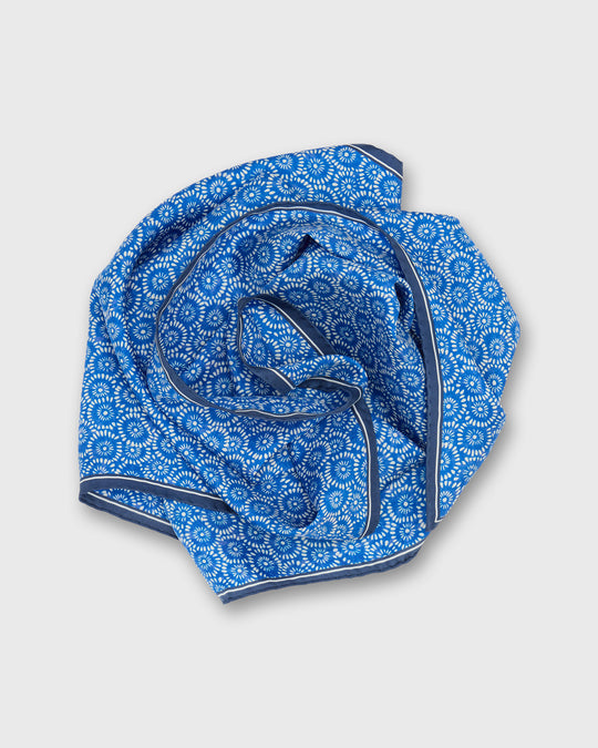 Medium Hand-Rolled Silk Scarf in Blue/Ivory Floral Block Print