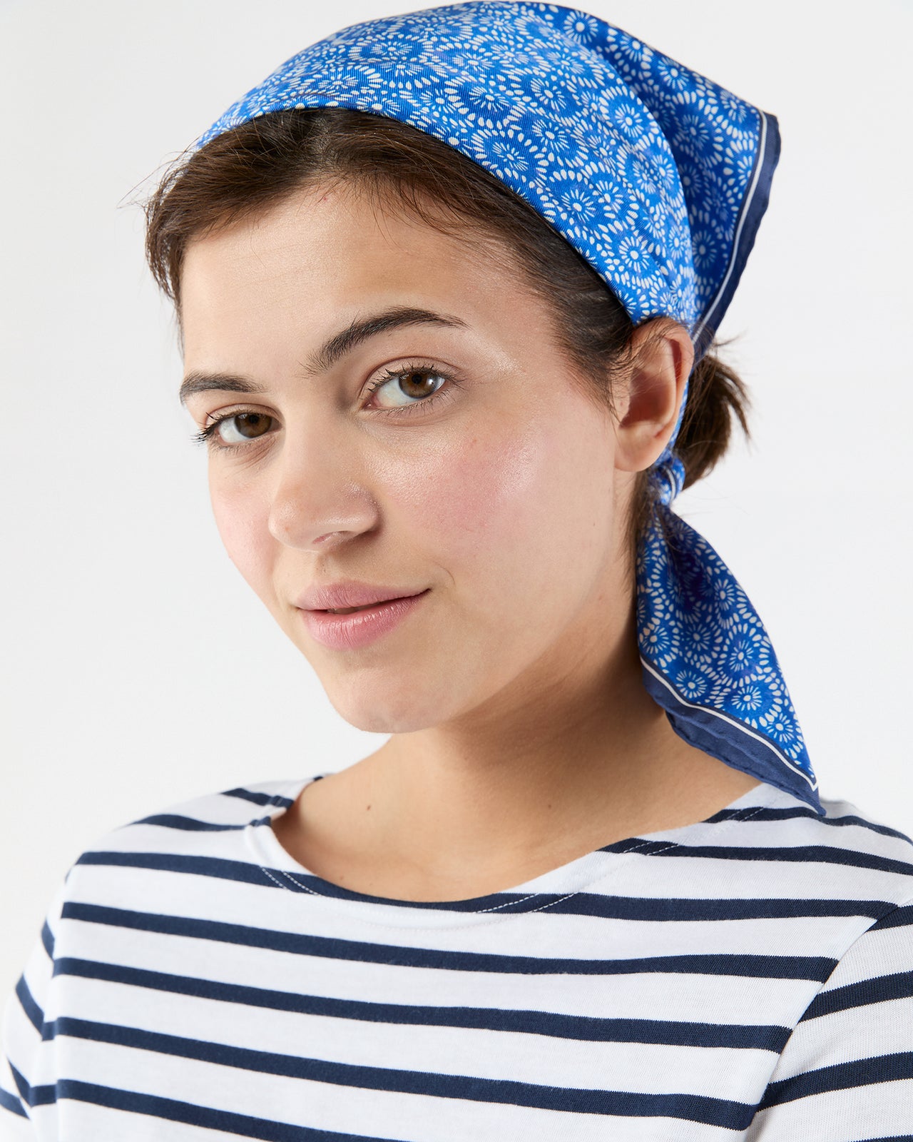 Medium Hand-Rolled Silk Scarf in Blue/Ivory Floral Block Print