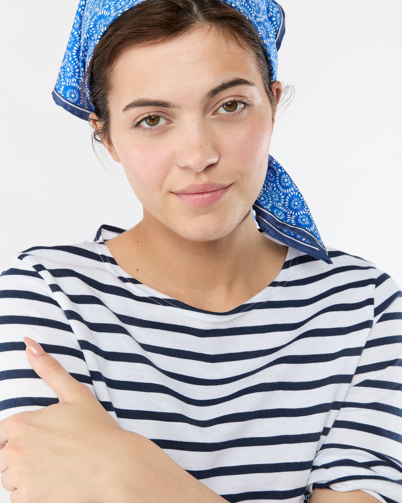 Medium Hand-Rolled Silk Scarf in Blue/Ivory Floral Block Print