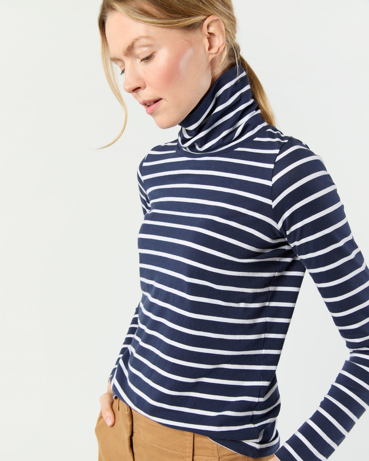 Turtleneck Tee in Navy/White Stripe Jersey