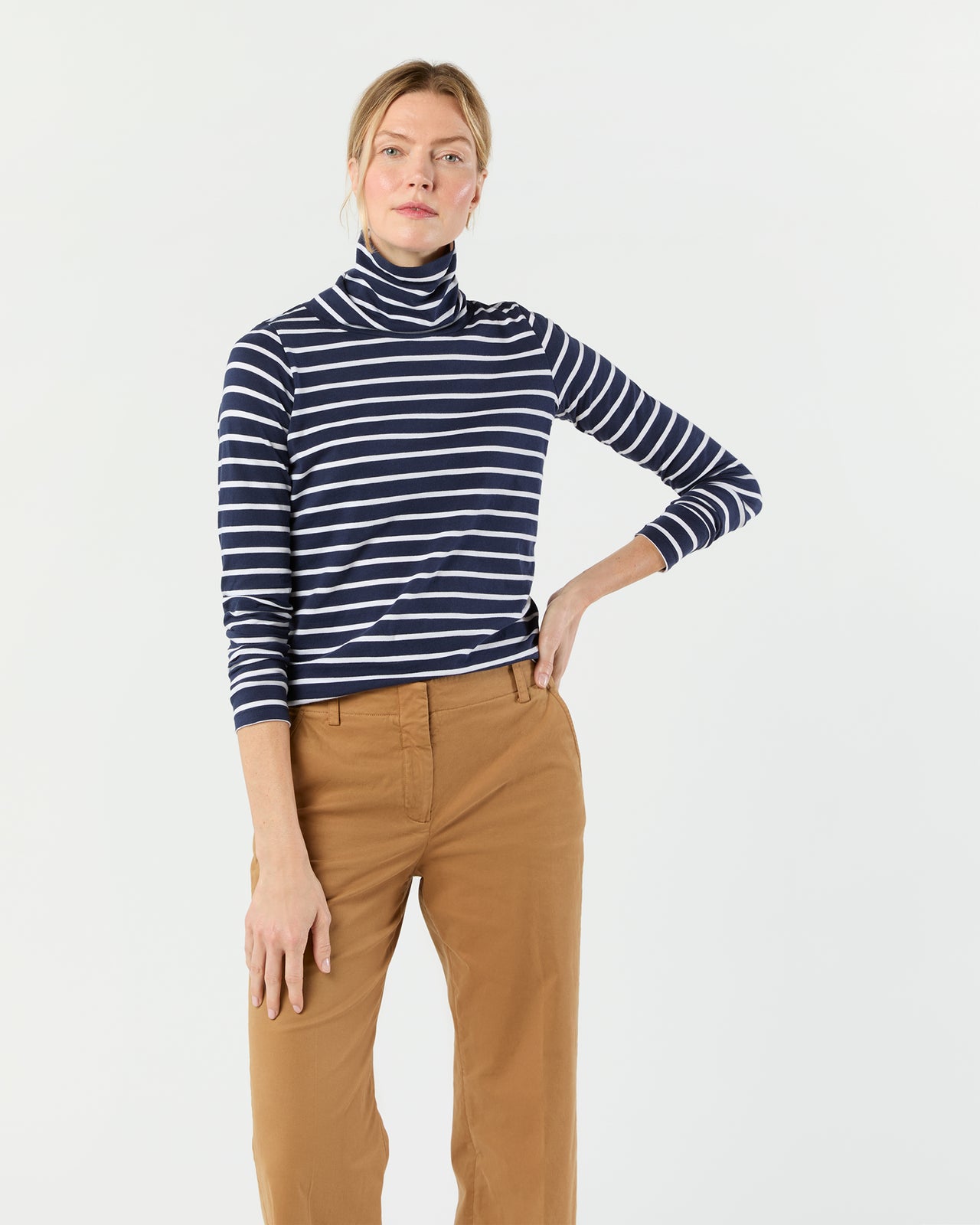 Turtleneck Tee in Navy/White Stripe Jersey
