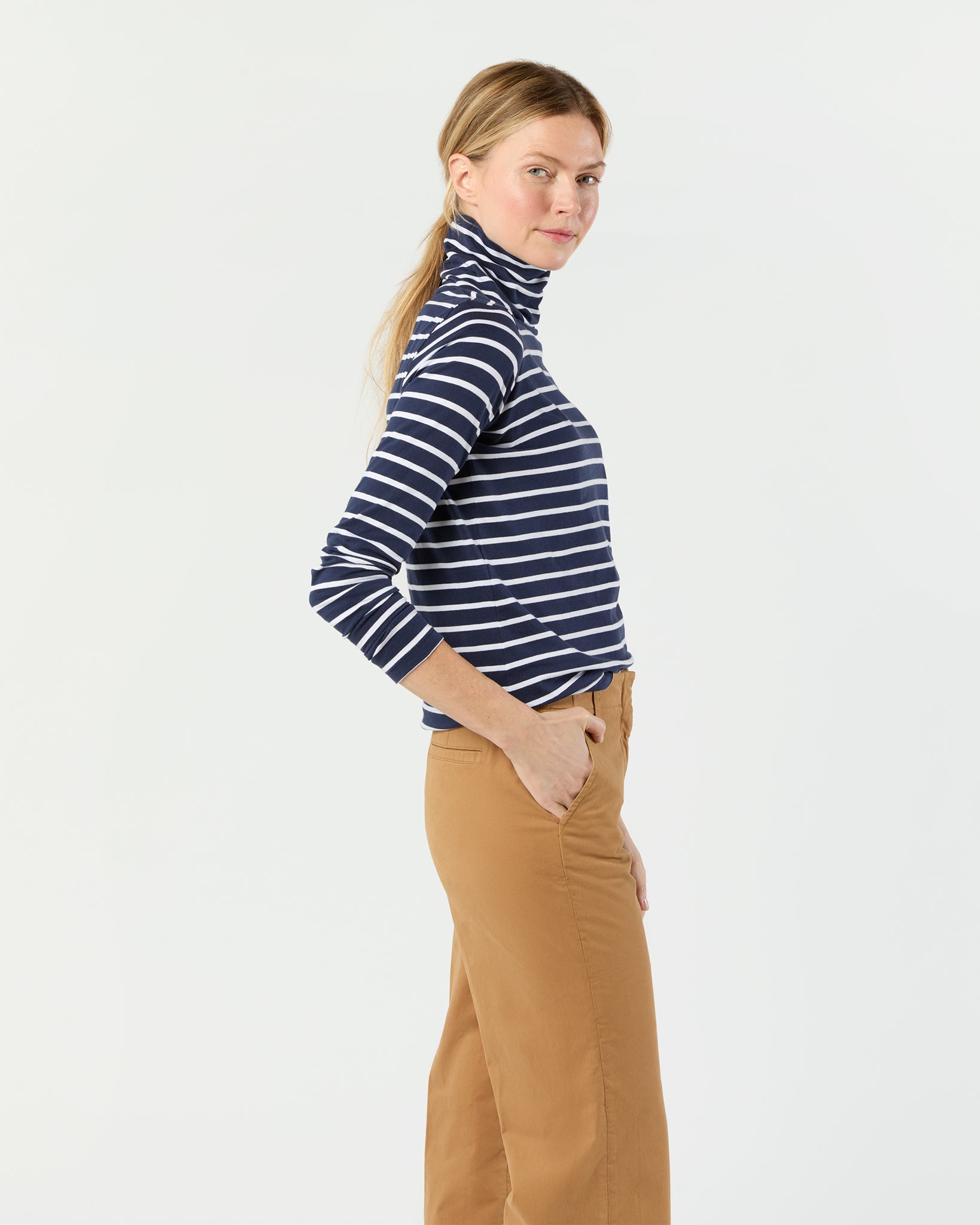 Turtleneck Tee in Navy/White Stripe Jersey