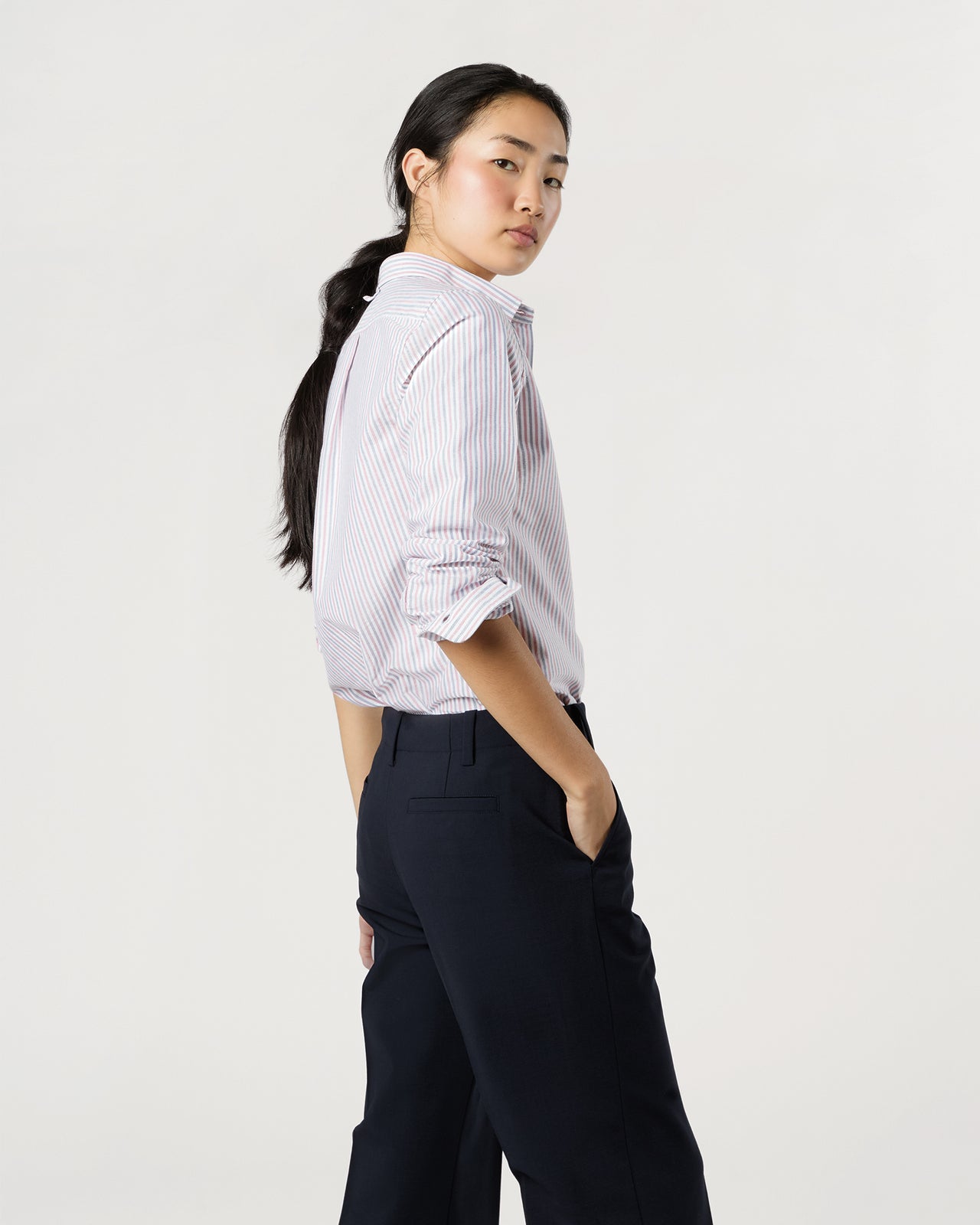 Schoolgirl Shirt in Blue/Red Multi Stripe Oxford