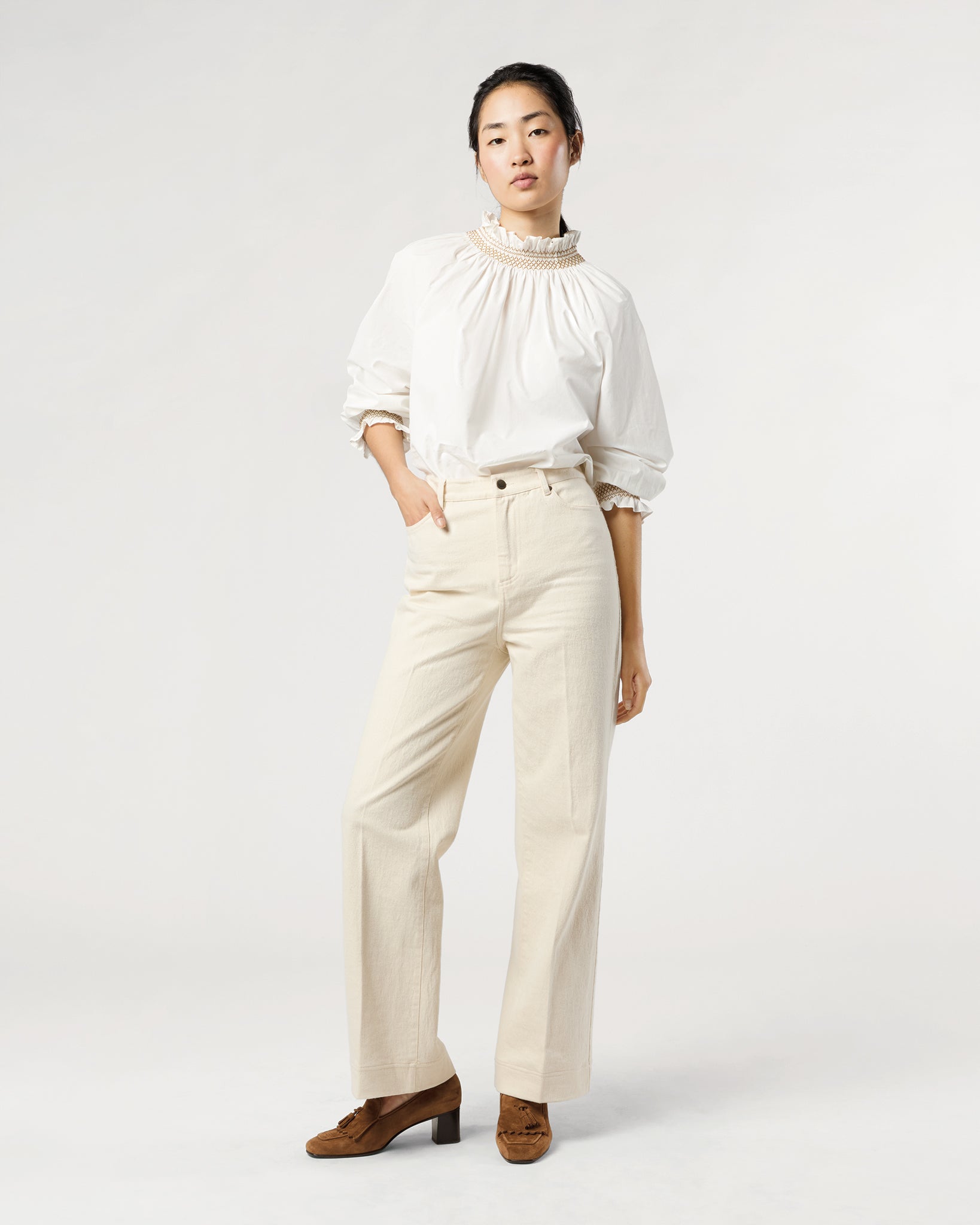 Phoebe Smocking Top in Ivory Poplin
