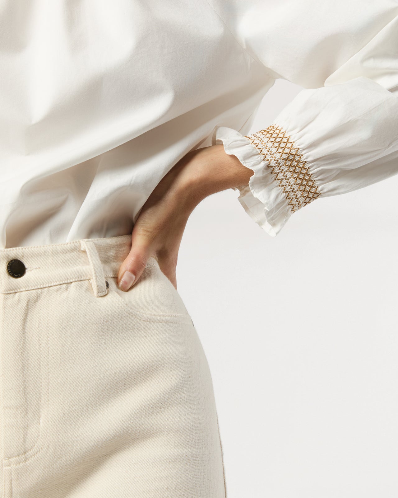 Phoebe Smocking Top in Ivory Poplin