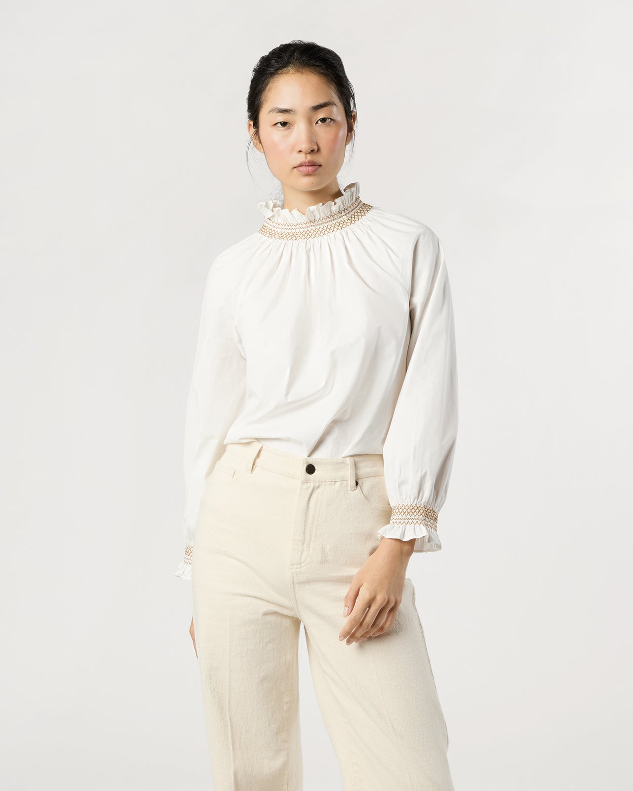 Phoebe Smocking Top in Ivory Poplin