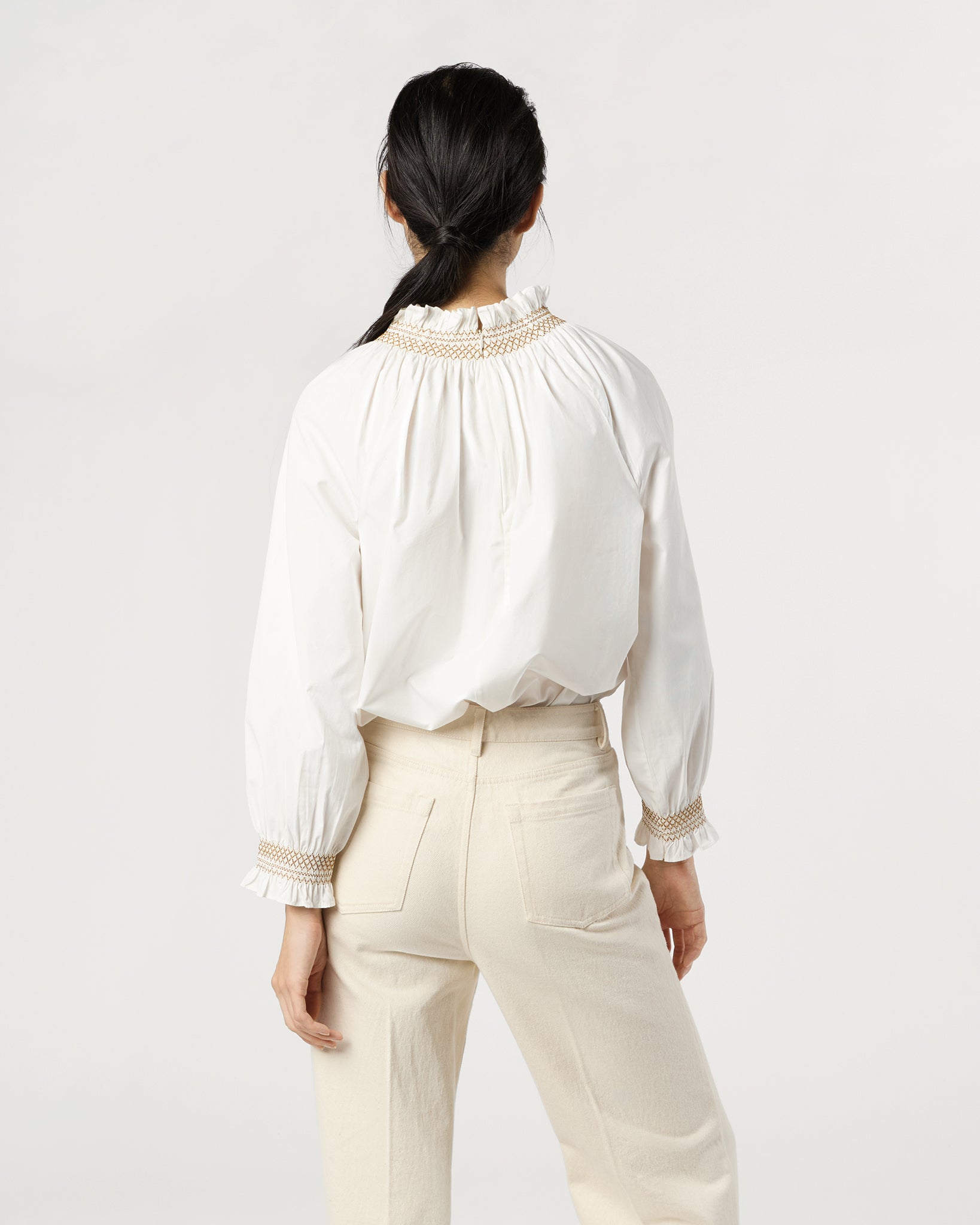 Phoebe Smocking Top in Ivory Poplin