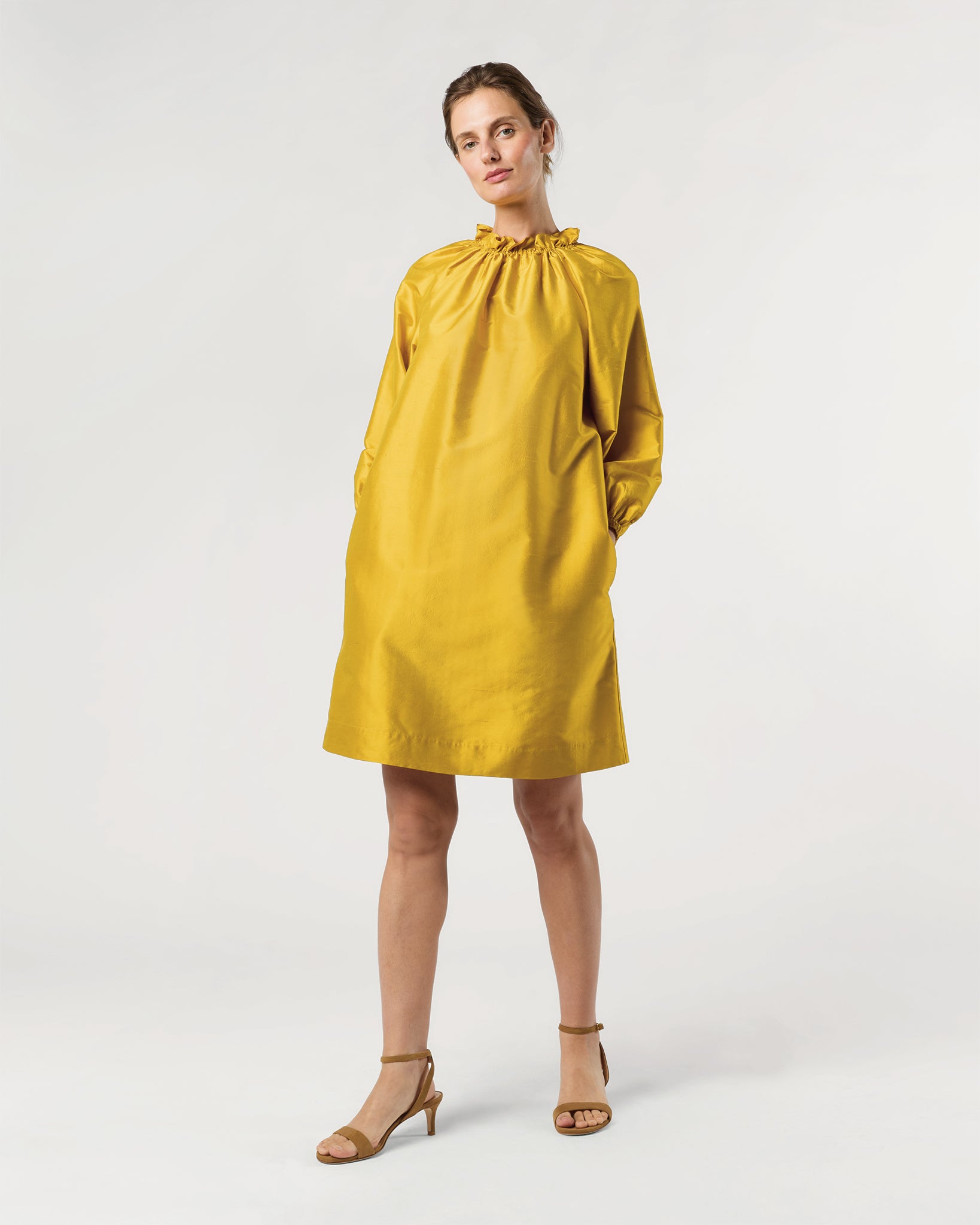 Harper Dress in Mustard Silk Shantung
