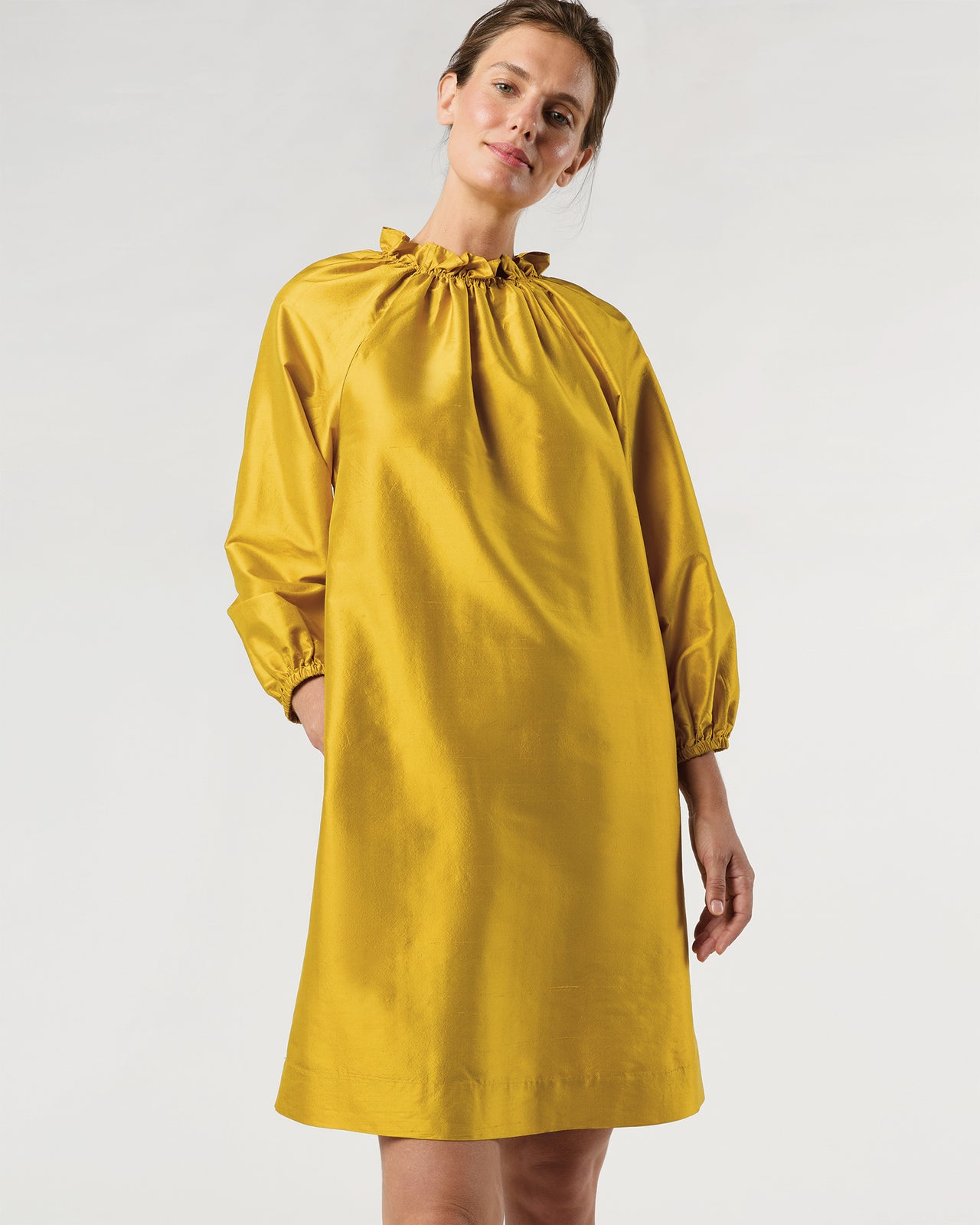 Harper Dress in Mustard Silk Shantung
