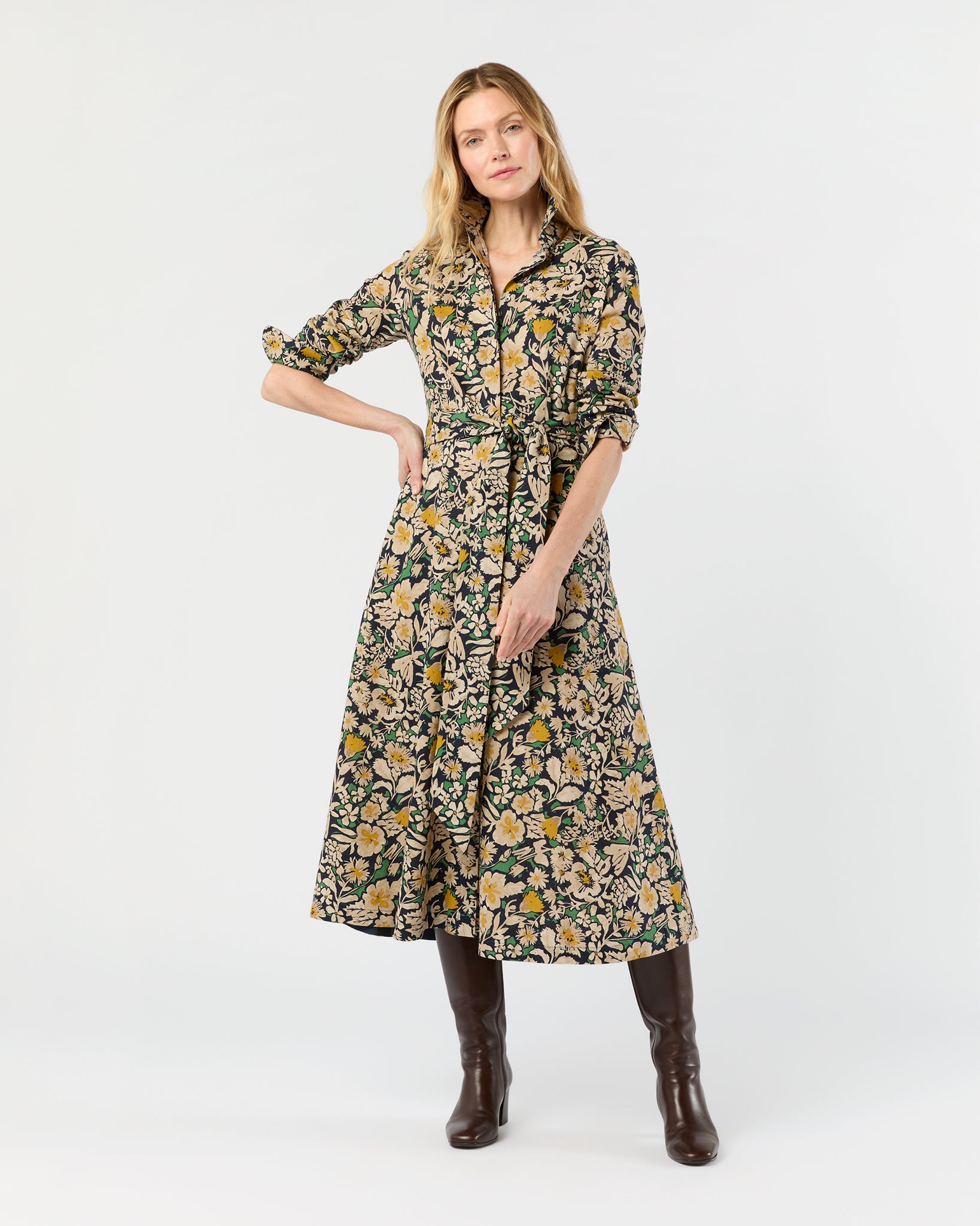 Avery Shirtwaist Dress in Navy/Multi Floral Printed Cotolino