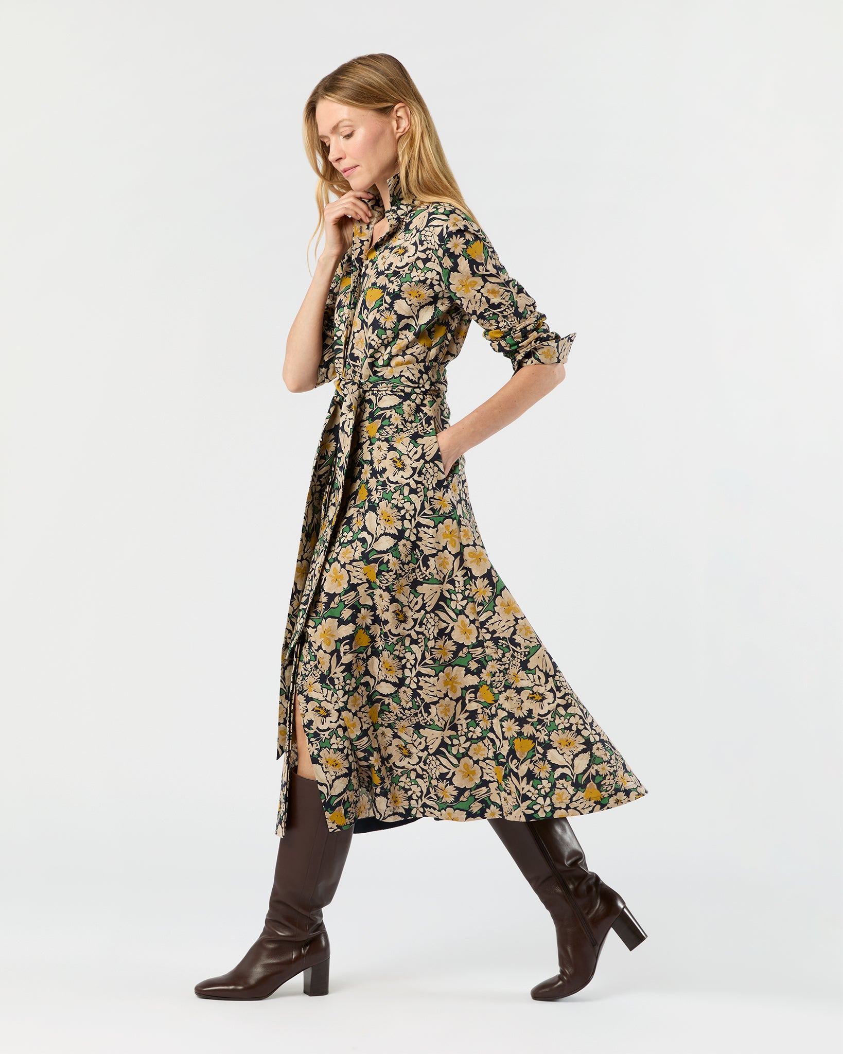Avery Shirtwaist Dress in Navy/Multi Floral Printed Cotolino