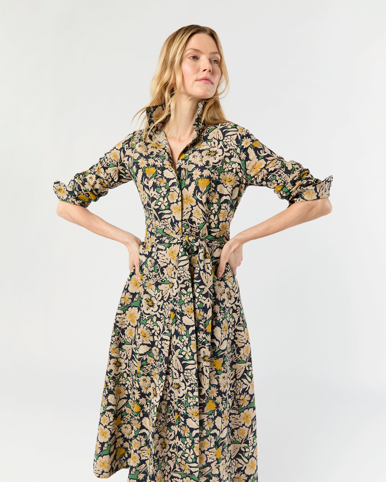 Avery Shirtwaist Dress in Navy/Multi Floral Printed Cotolino