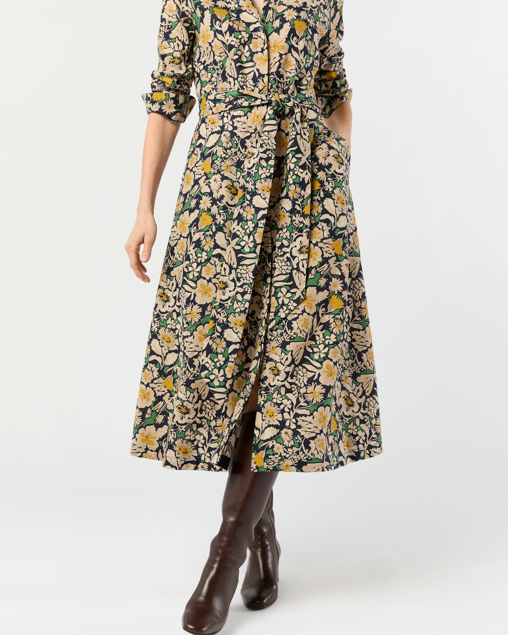 Avery Shirtwaist Dress in Navy/Multi Floral Printed Cotolino