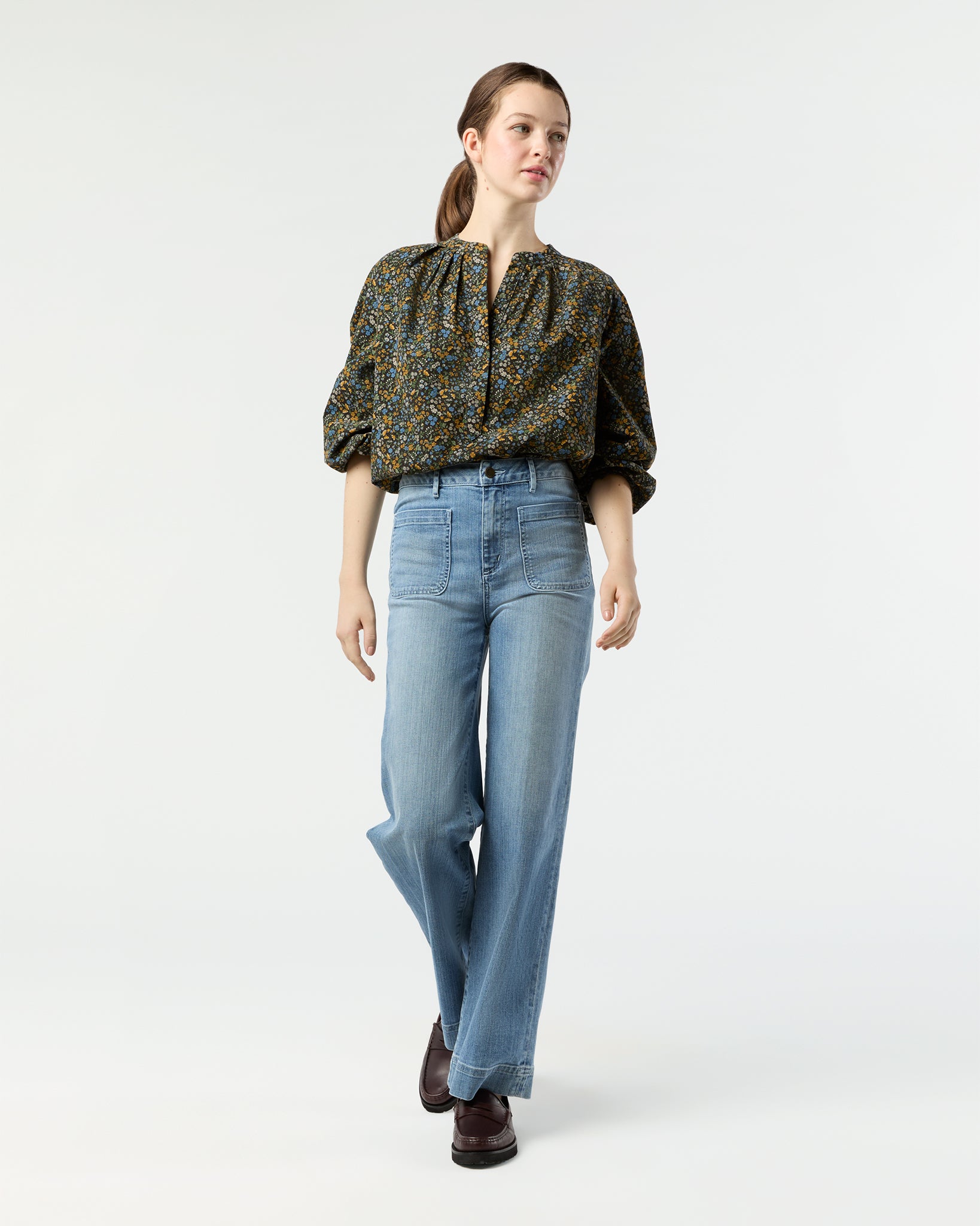 Sienna Top in Navy/Multi Flower Printed Cord