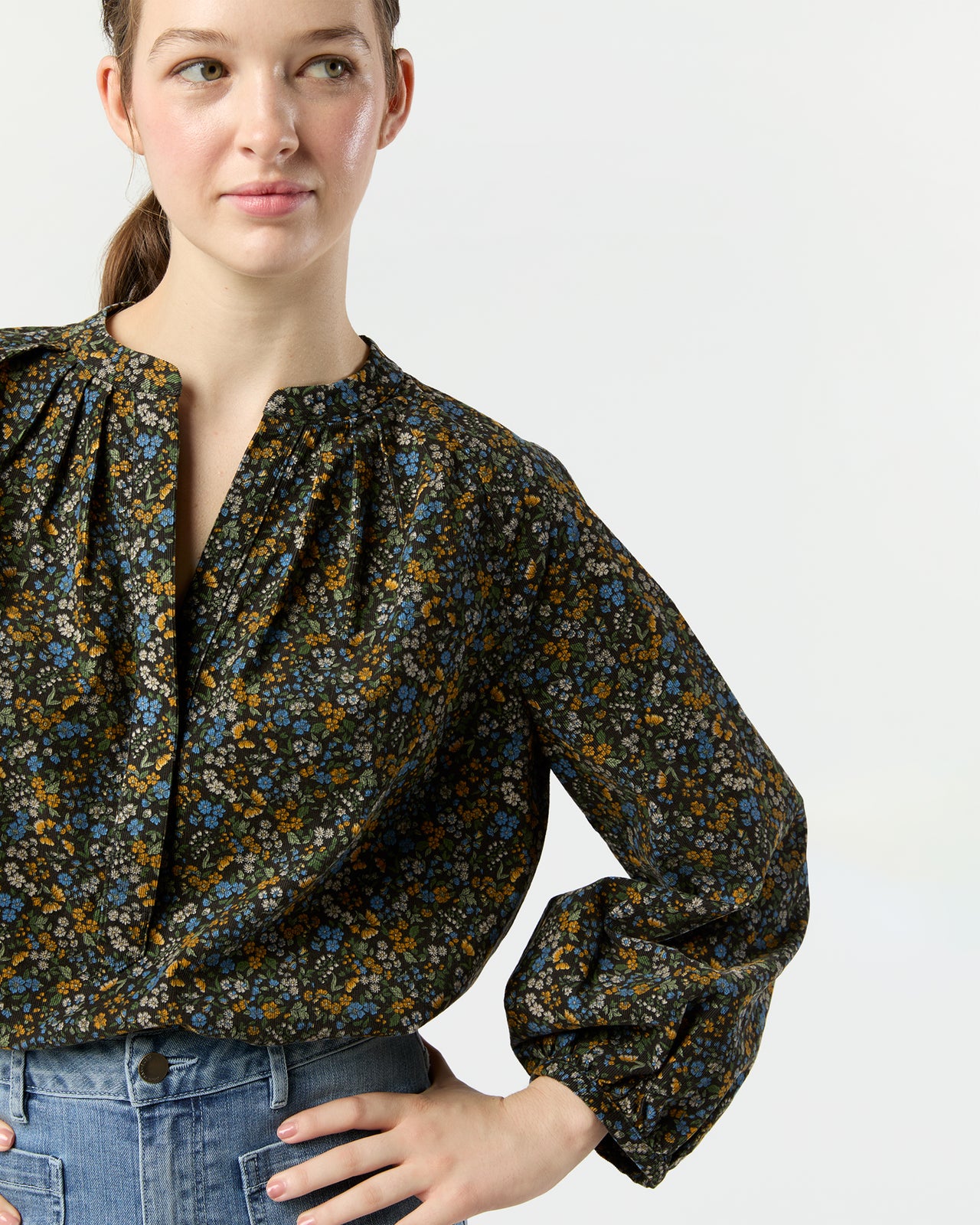 Sienna Top in Navy/Multi Flower Printed Cord
