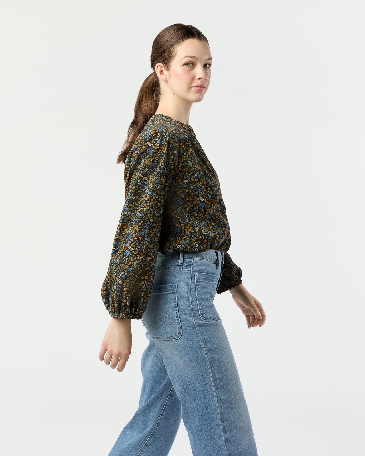 Sienna Top in Navy/Multi Flower Printed Cord