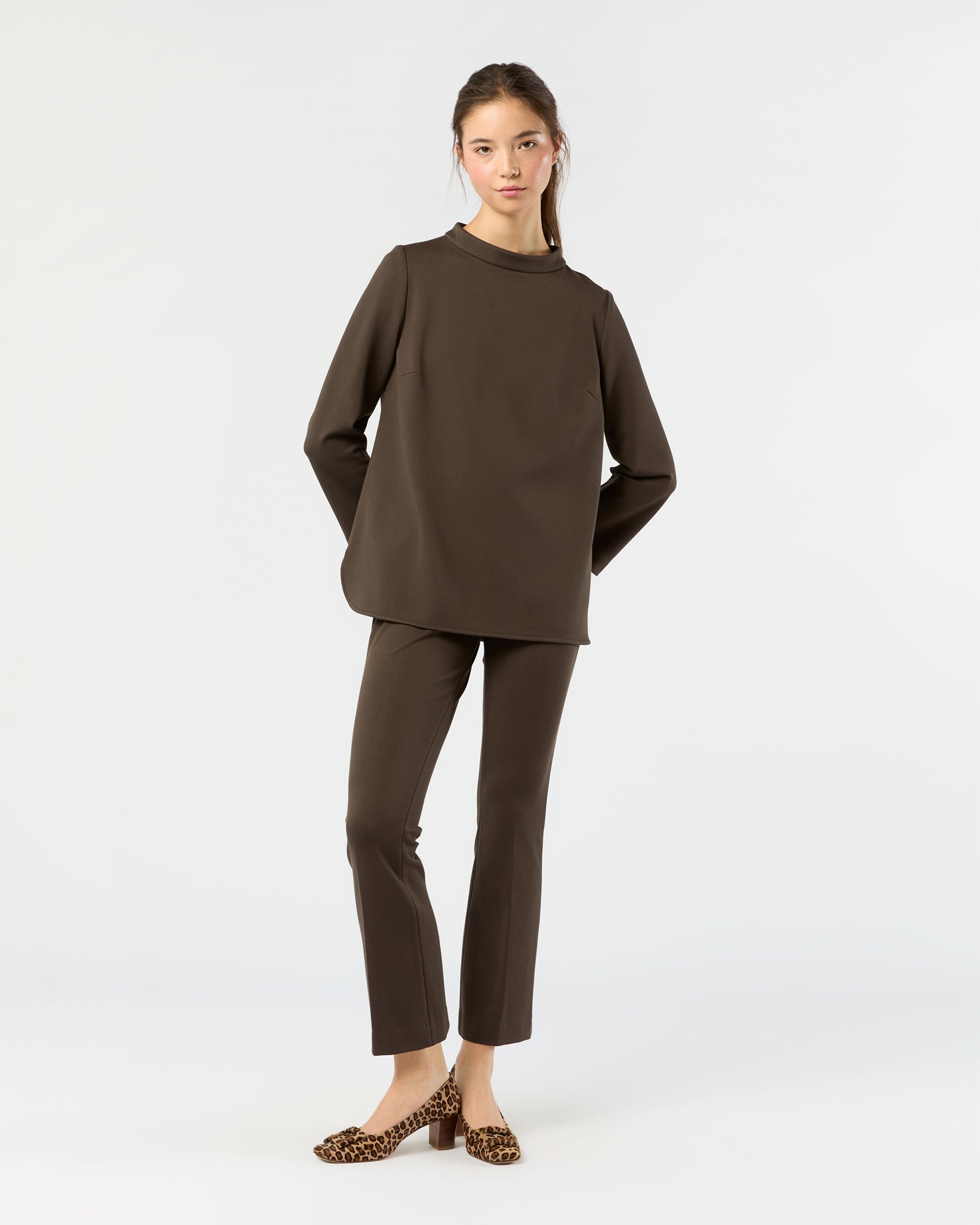 Faye Flare Cropped Pant in Coffee Bi-Stretch Tricotine
