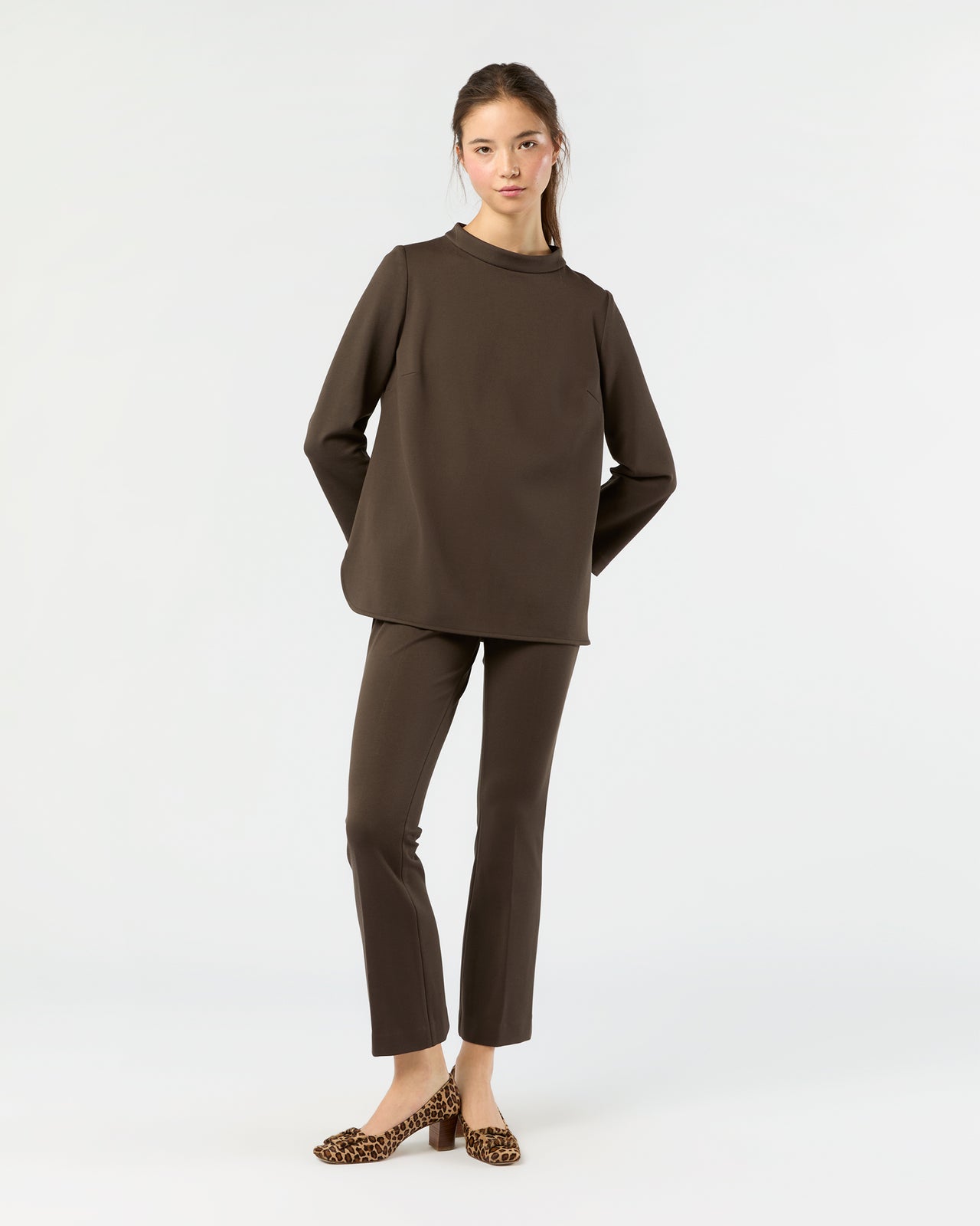 Faye Flare Cropped Pant in Coffee Bi-Stretch Tricotine