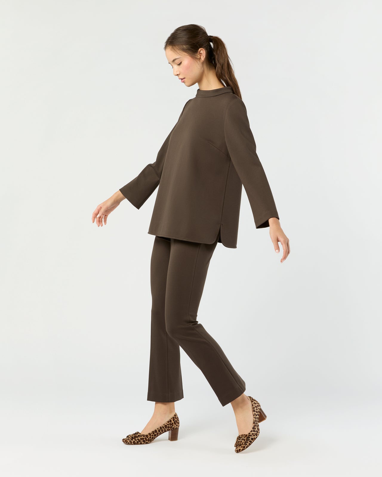 Faye Flare Cropped Pant in Coffee Bi-Stretch Tricotine