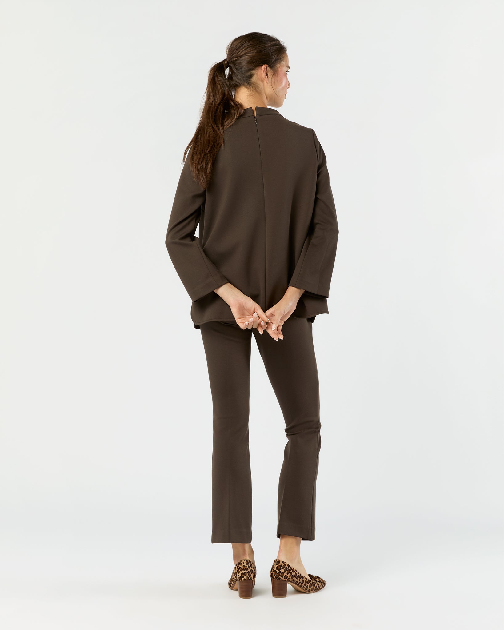 Faye Flare Cropped Pant in Coffee Bi-Stretch Tricotine