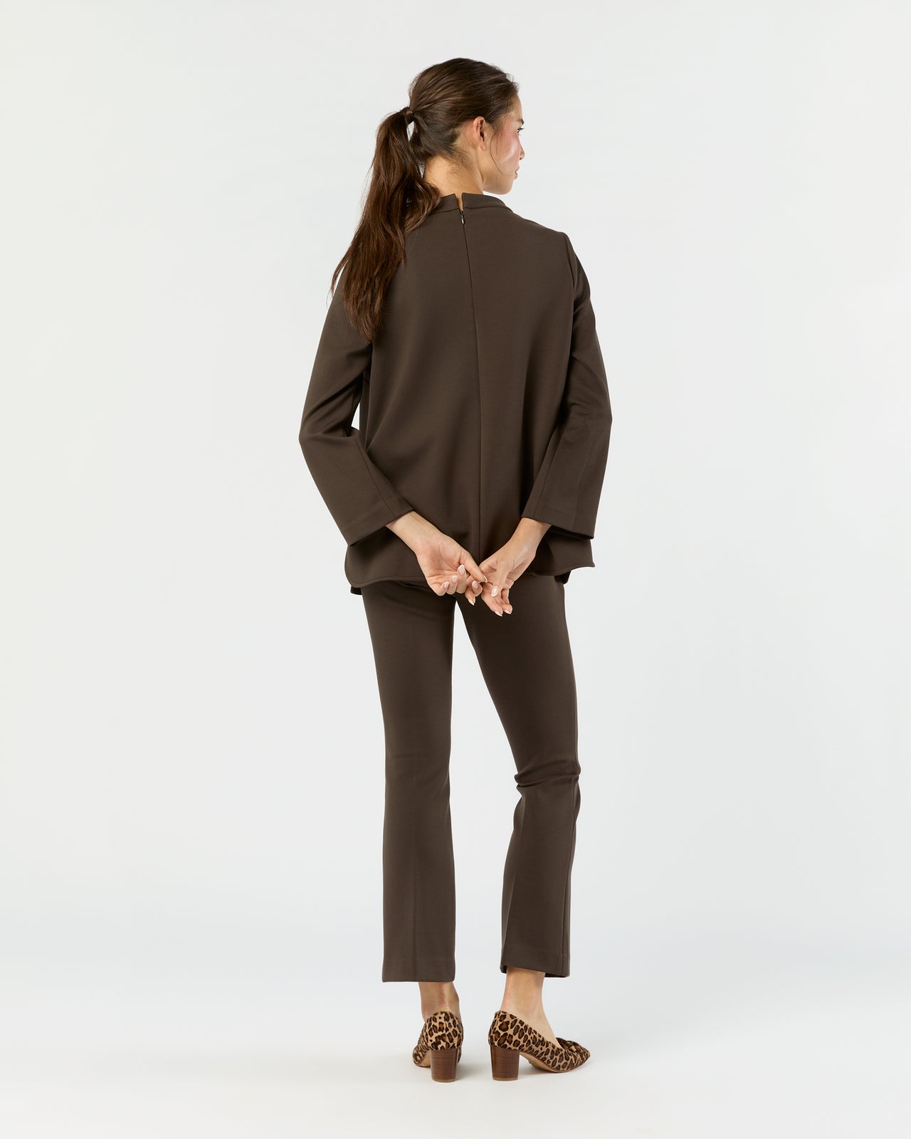 Faye Flare Cropped Pant in Coffee Bi-Stretch Tricotine