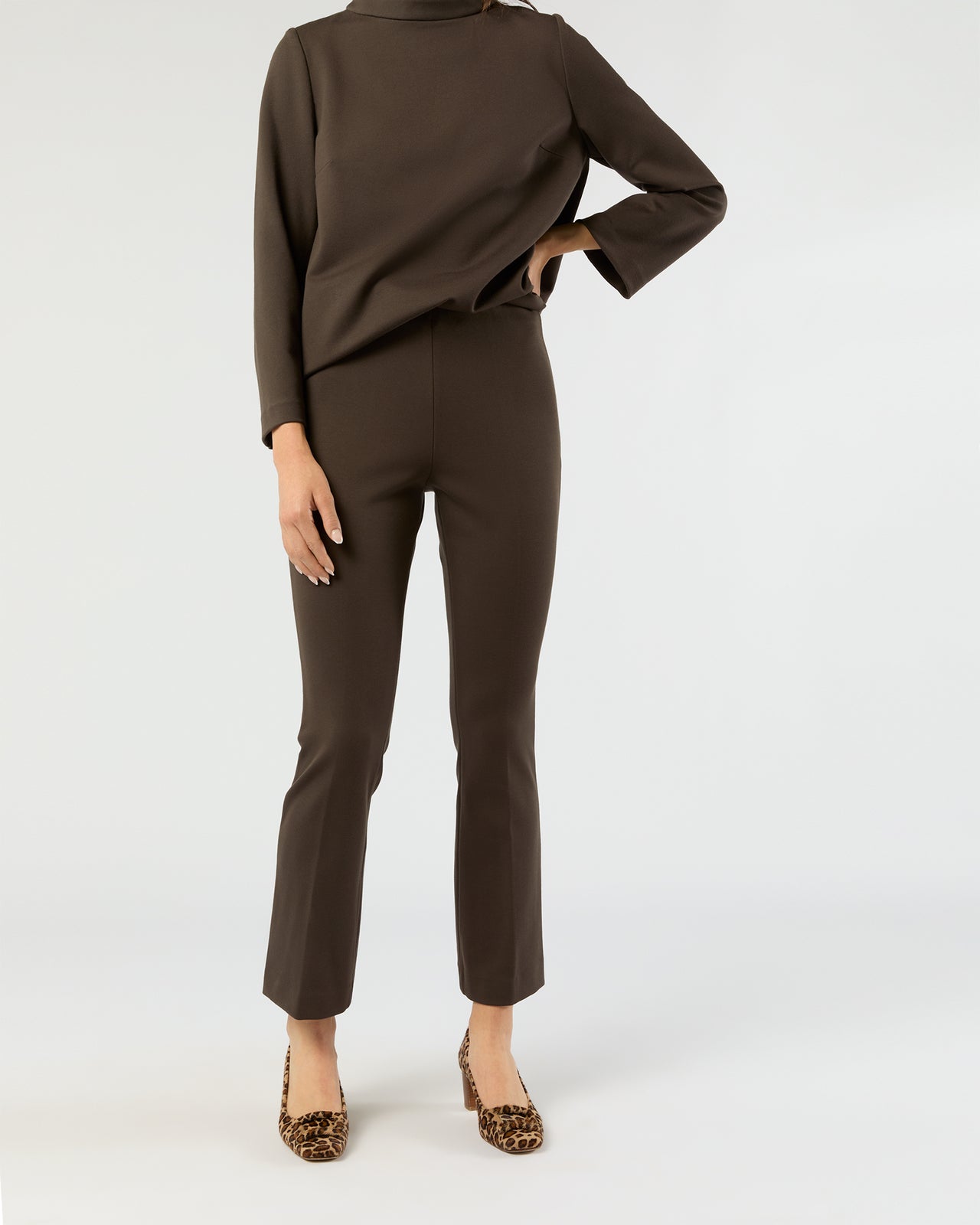 Faye Flare Cropped Pant in Coffee Bi-Stretch Tricotine