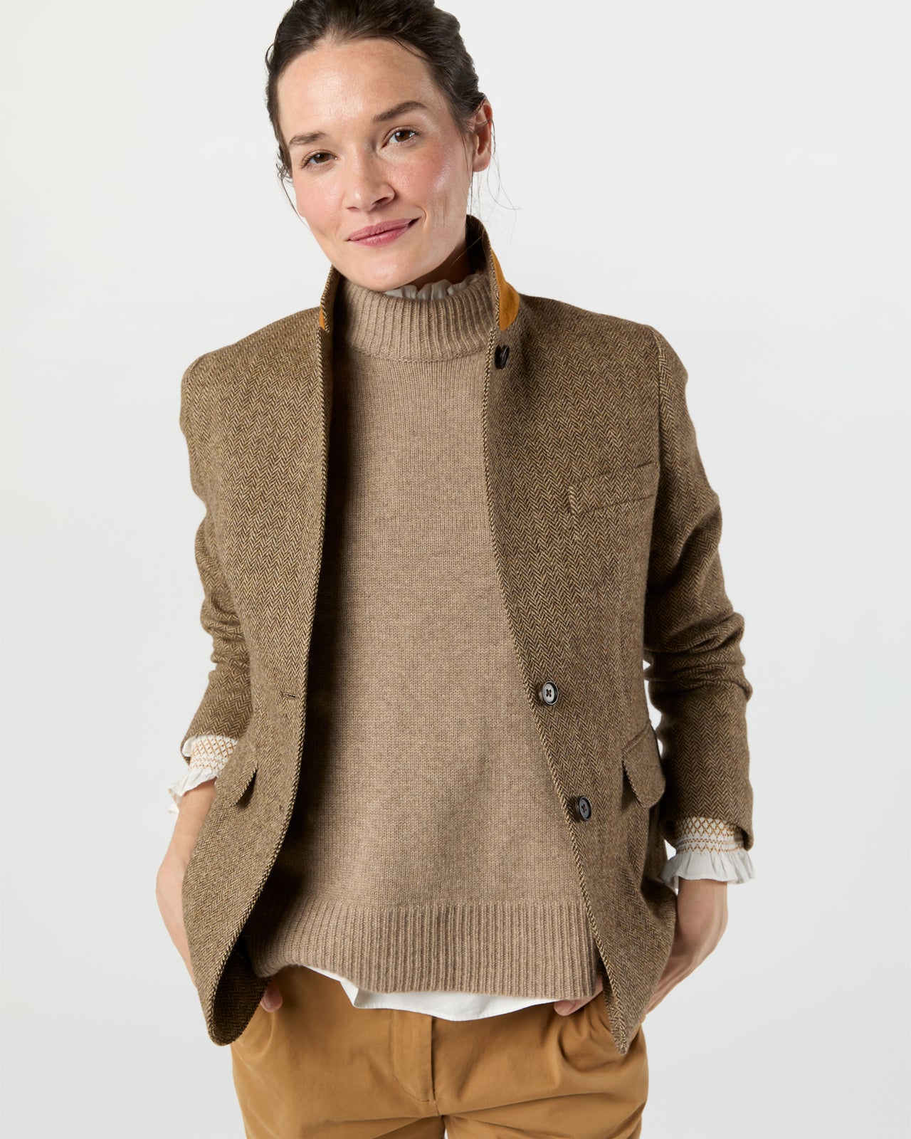 Moira Blazer in Tobacco/Coffee Small Herringbone Tweed