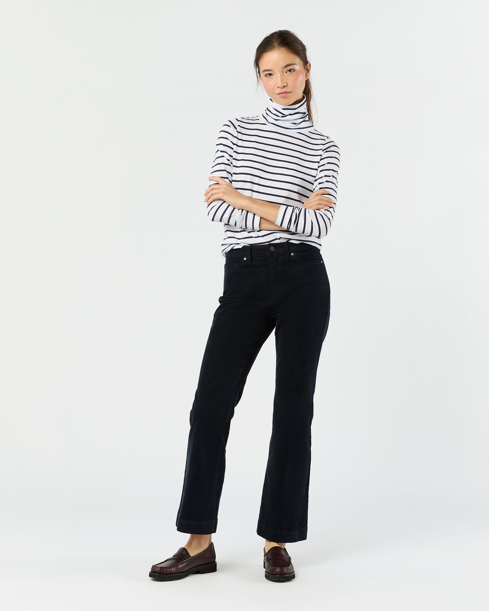 Turtleneck Tee in White/Navy Stripe Jersey