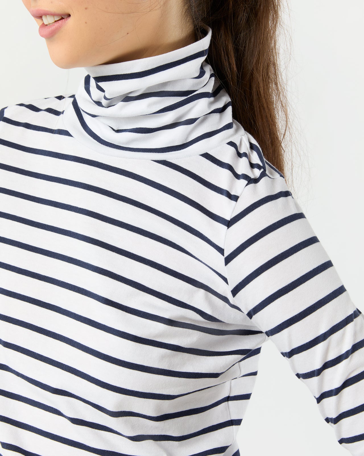 Turtleneck Tee in White/Navy Stripe Jersey
