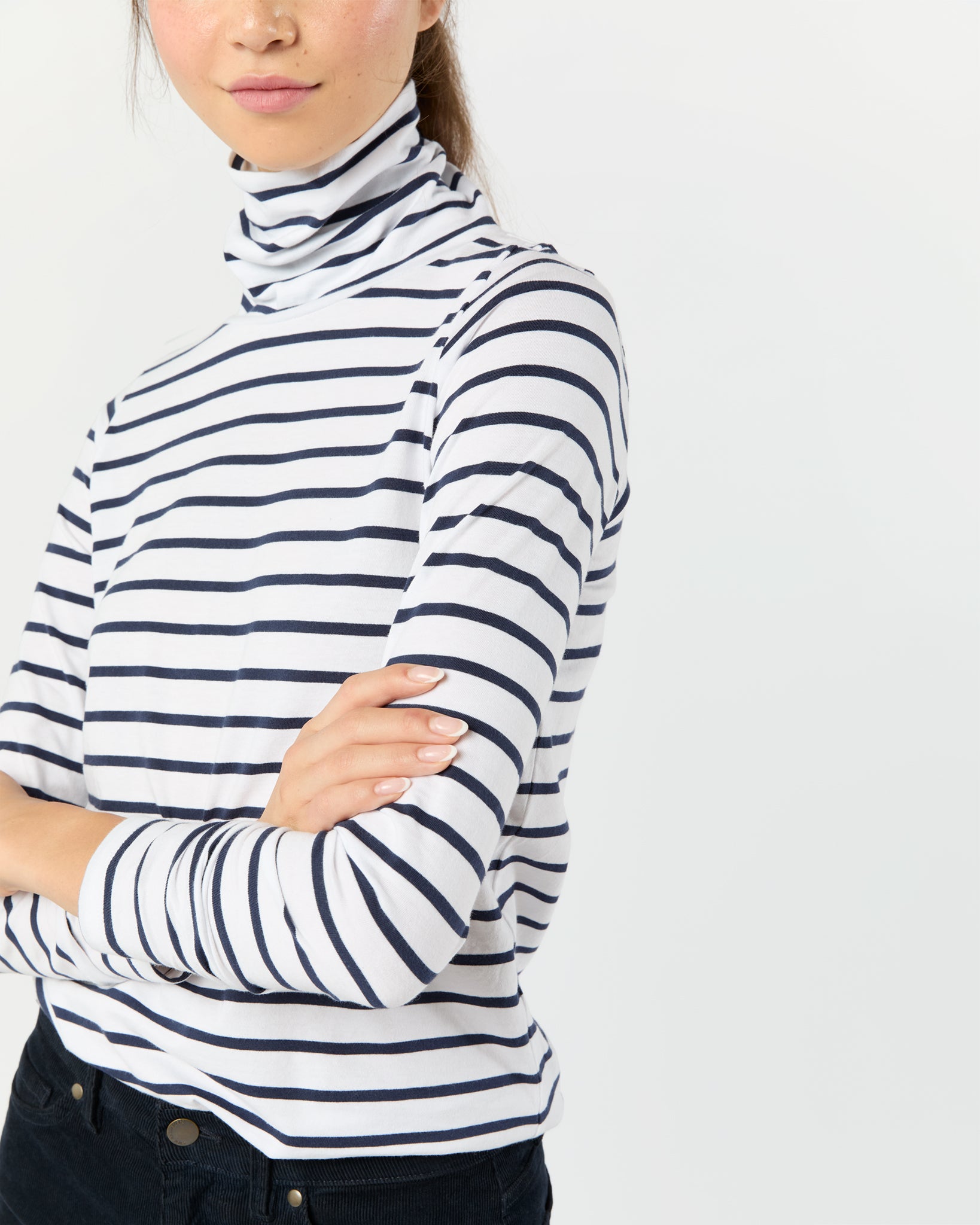 Turtleneck Tee in White/Navy Stripe Jersey