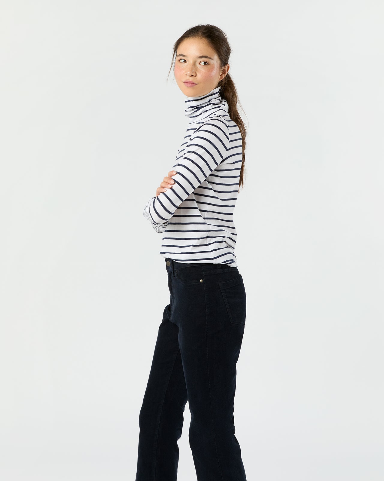 Turtleneck Tee in White/Navy Stripe Jersey