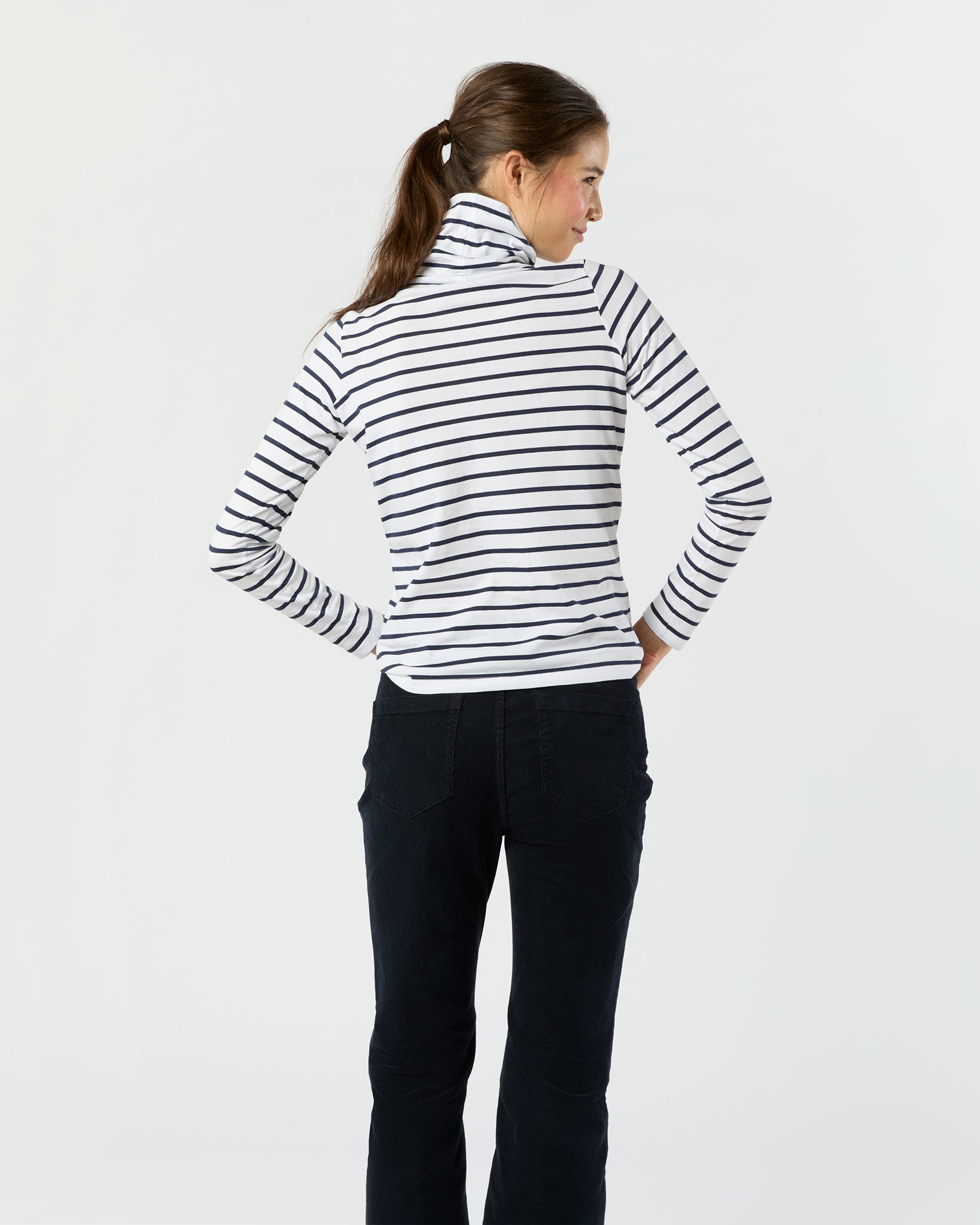 Turtleneck Tee in White/Navy Stripe Jersey
